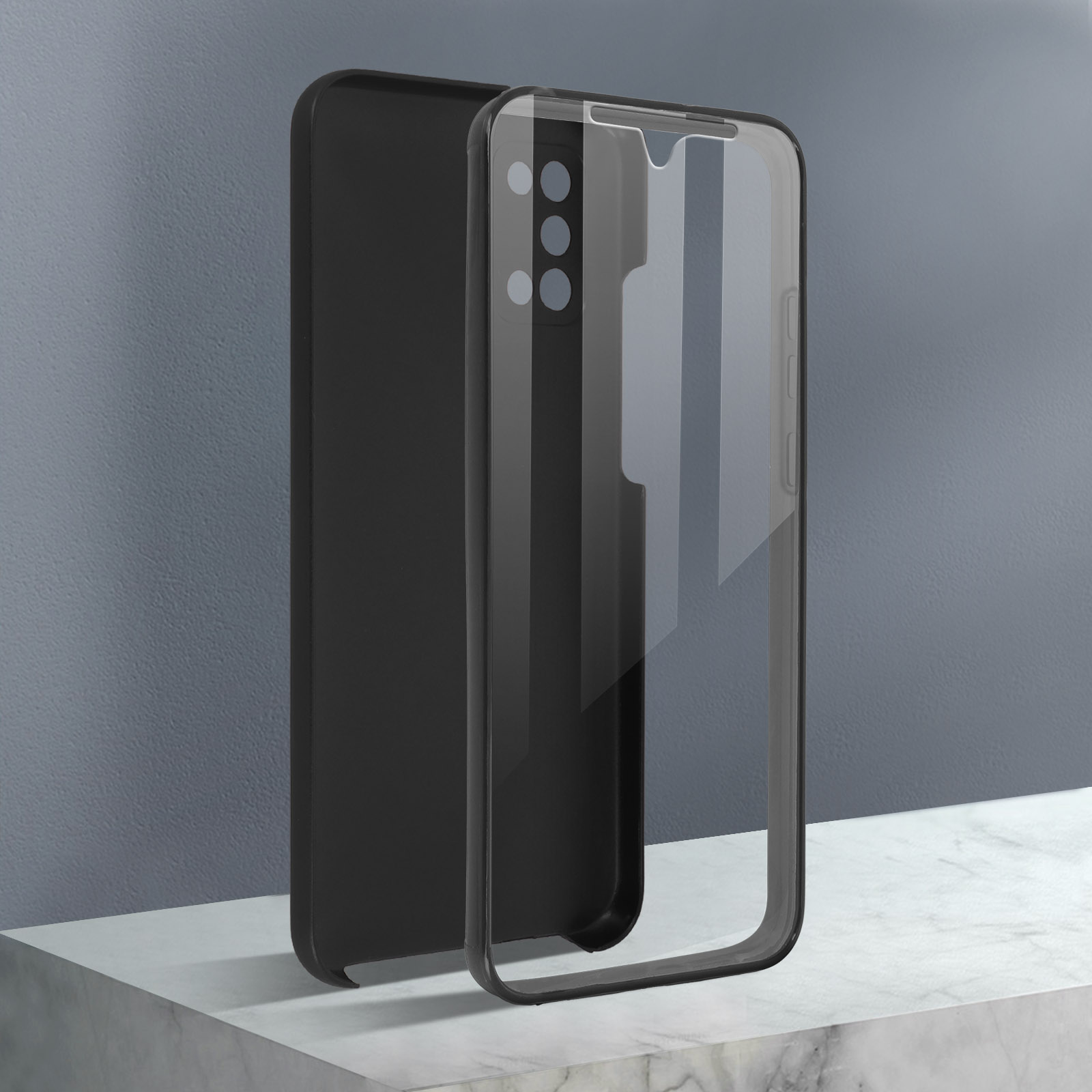 Twee zwarte telefoonhoesjes. Eén is open en de ander is gesloten en toont de binnenkant.