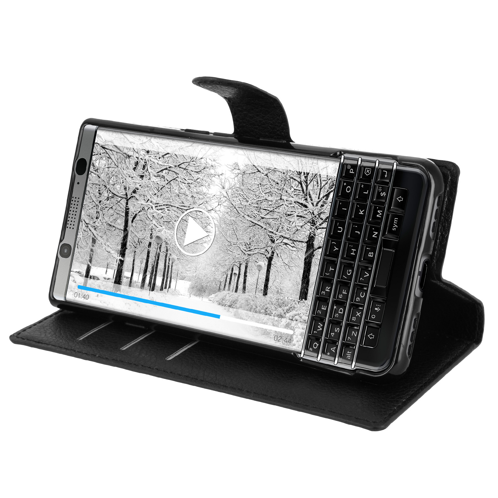 Telefono nero in custodia nera, mostra un video di una scena invernale. Dispone di tastiera QWERTY.