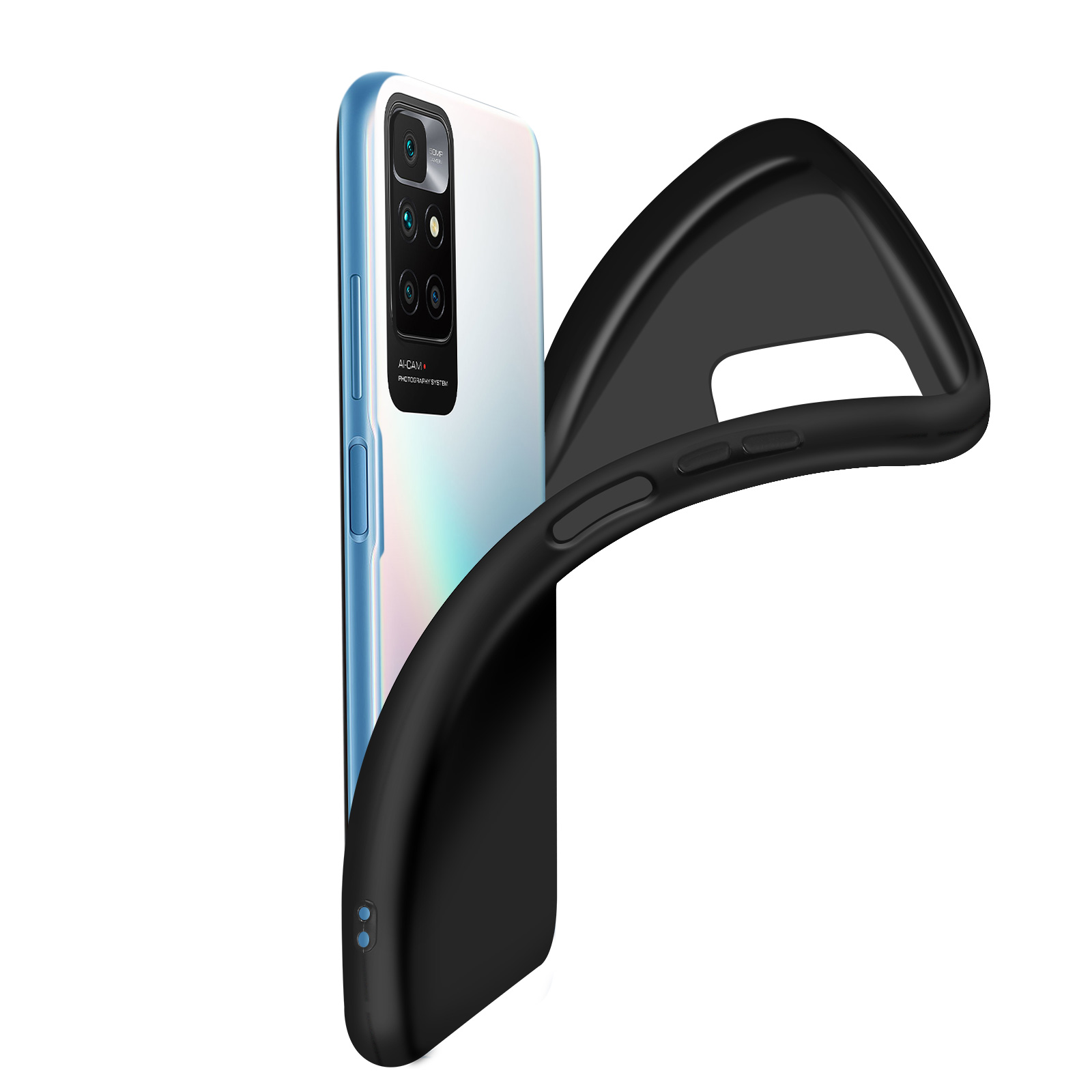 Custodia nera per telefono con telefono visibile. Sfondo bianco e oggetti.