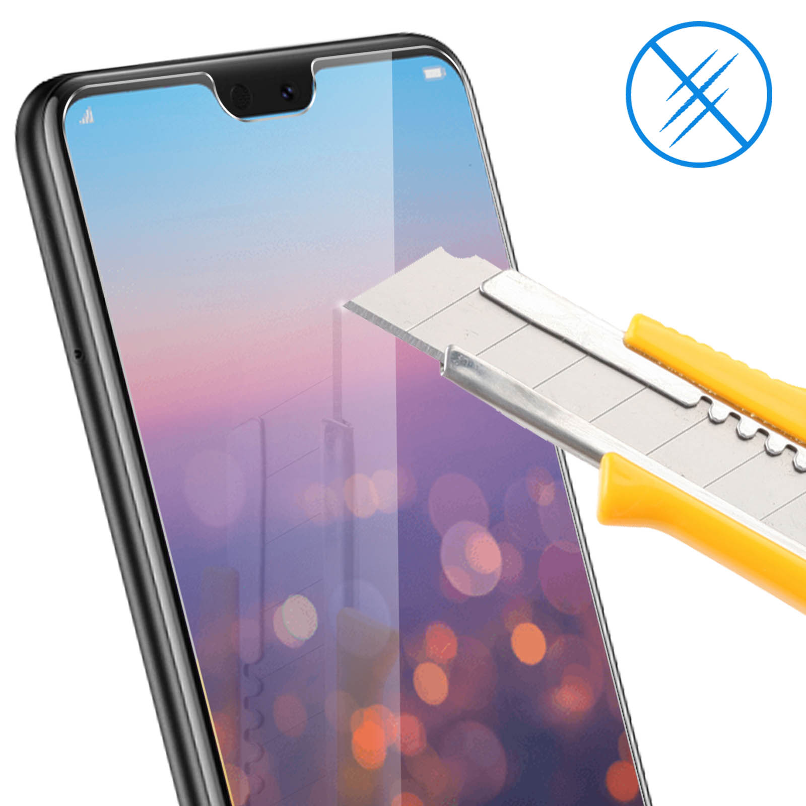 Proteggi schermo per telefono con un coltello. Il protettore è su un telefono.