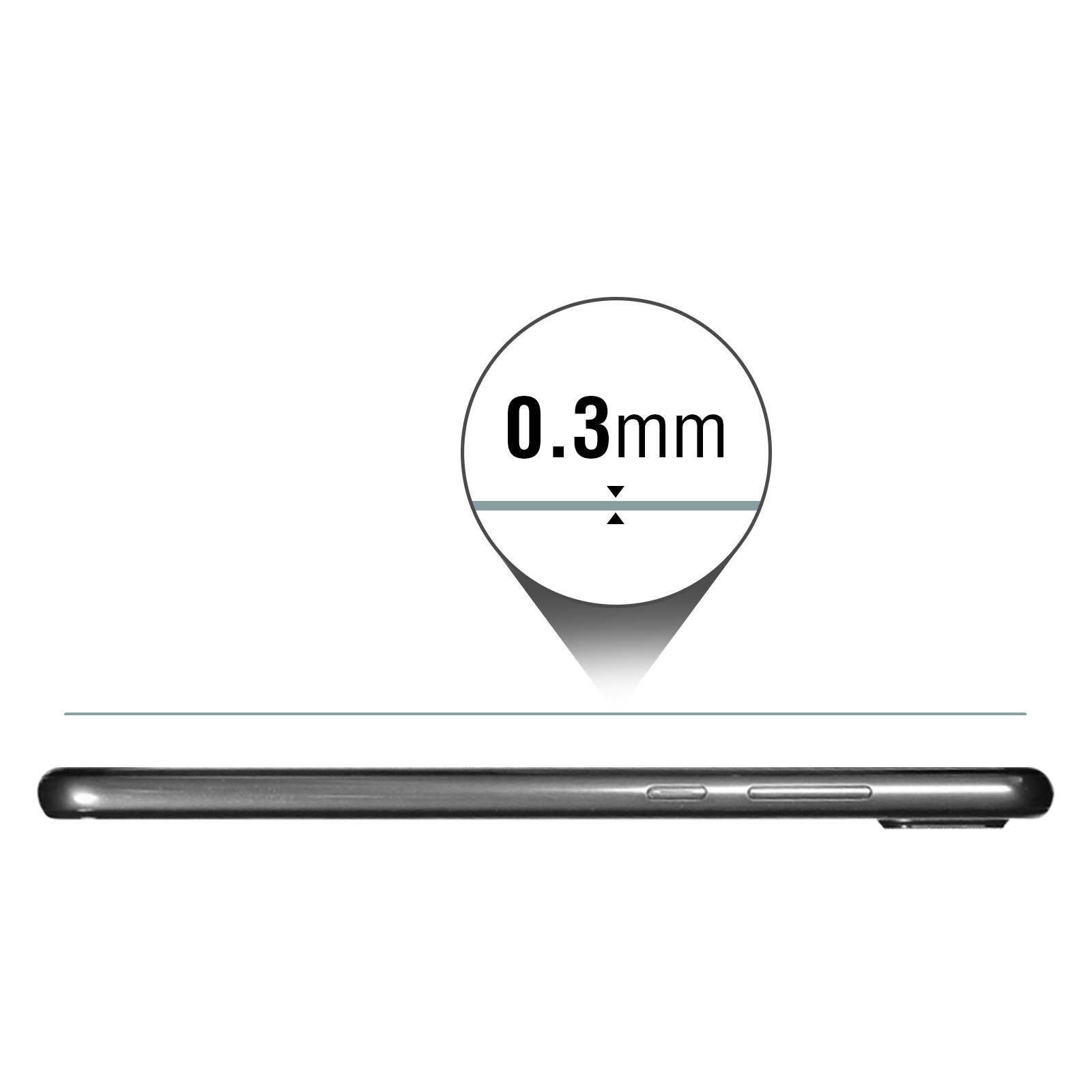 Primo piano del lato di un telefono, che mostra un dettaglio di 0,3 mm.