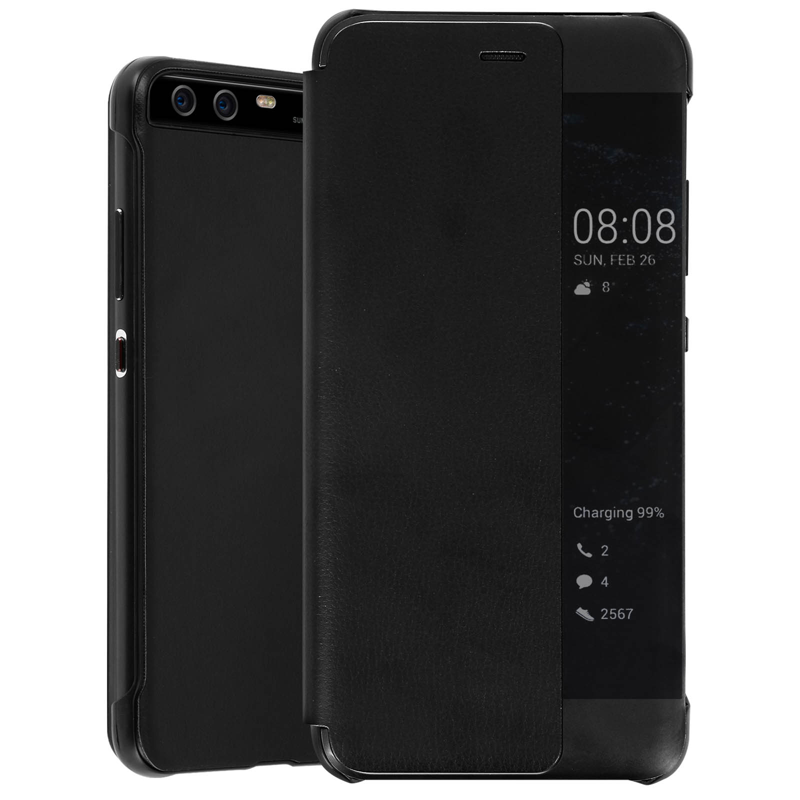 Custodia nera per telefono con copertina a ribalta. Lo schermo mostra l'ora e lo stato.