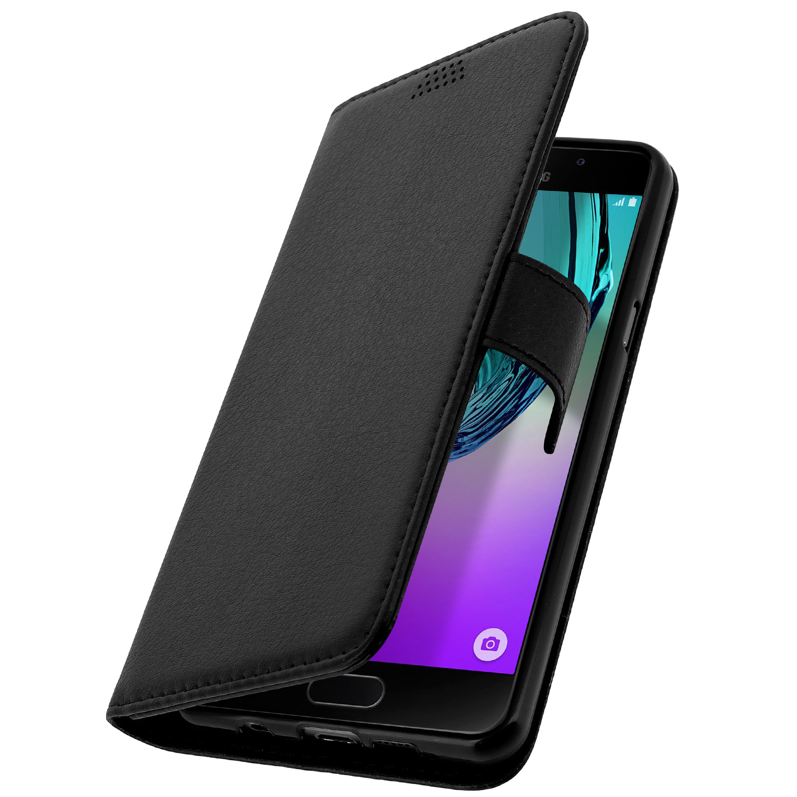 Custodia per telefono nera, aperta, con il telefono all'interno. Lo schermo del telefono è visibile.