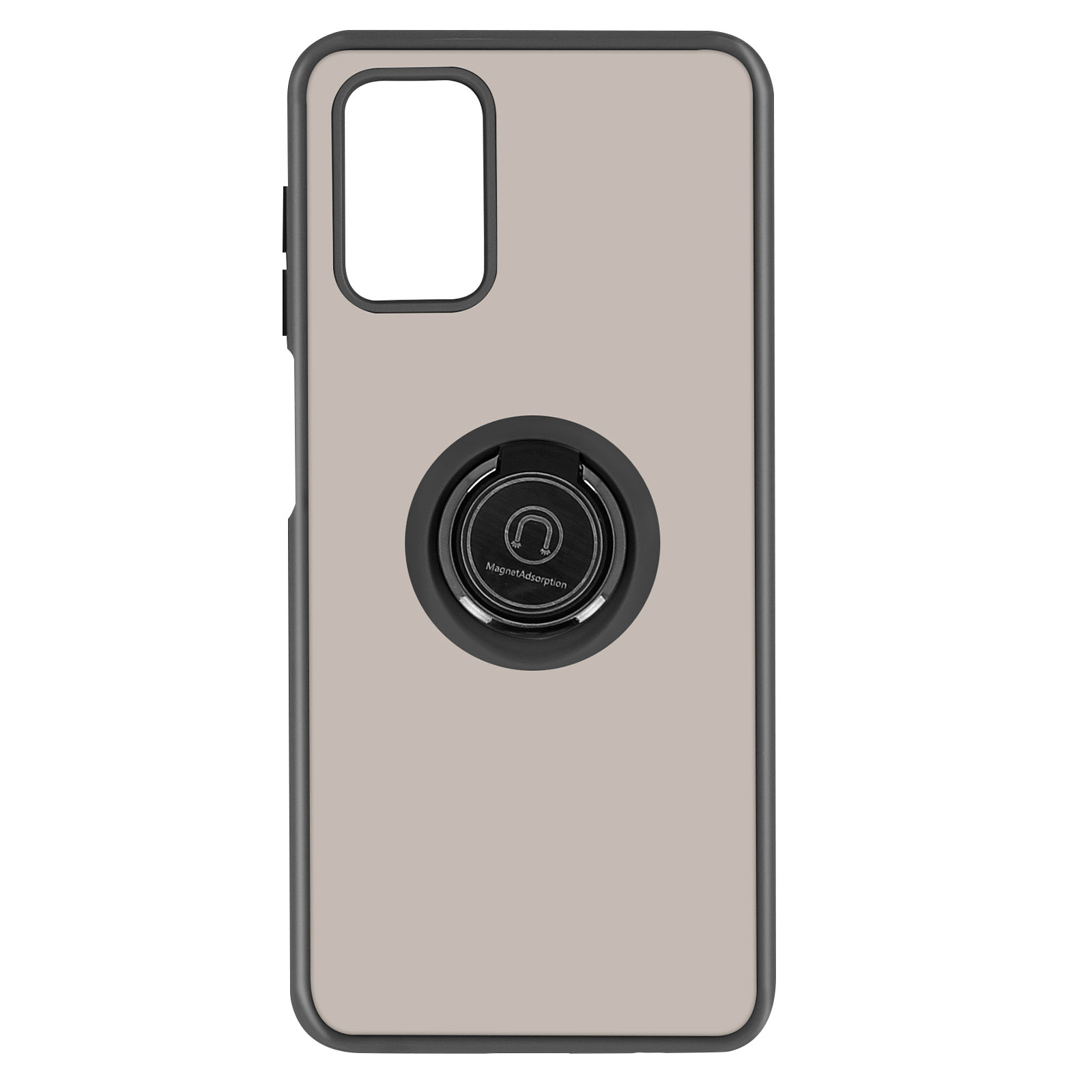 Custodia per telefono beige con supporto ad anello nero. L'anello ha un magnete per il fissaggio del telefono.