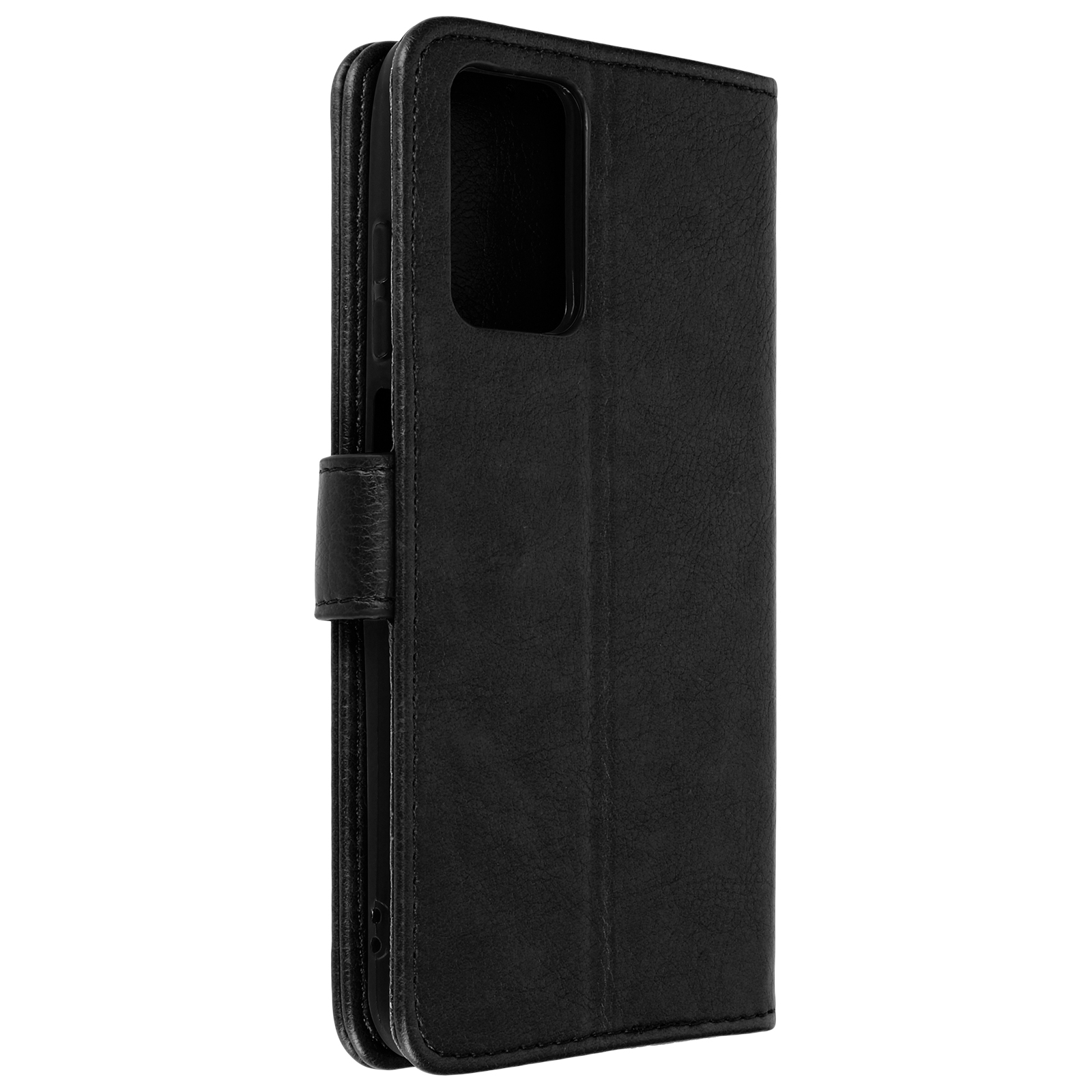 Zwarte telefoonhoes, gesloten, met magnetische sluiting. Zijkant van de hoes.