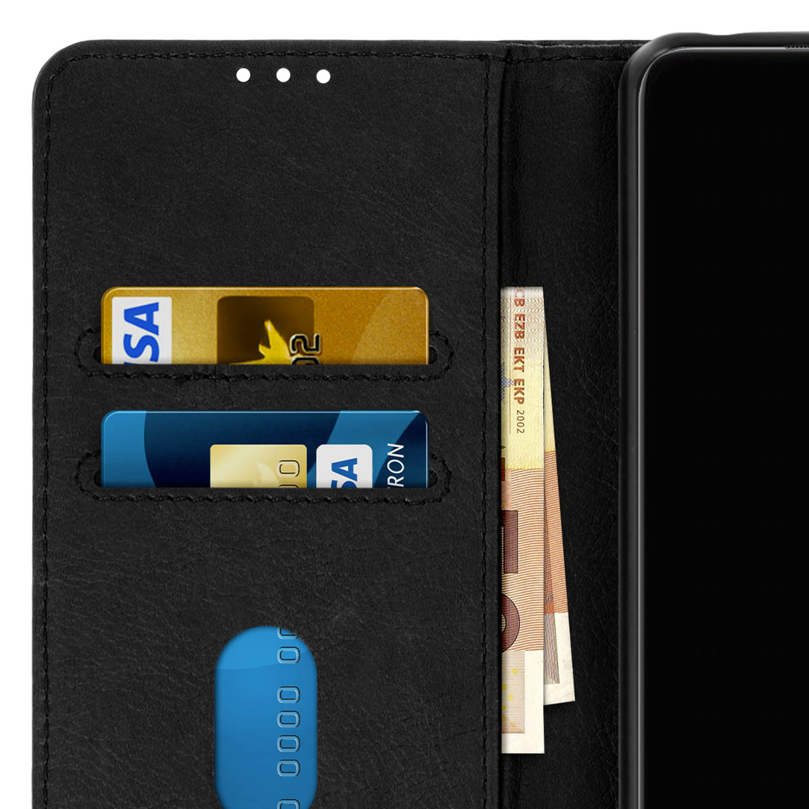 Zwart telefoonhoesje met kaartsleuven en geld. Kaarten tonen 'SA' en een logo.