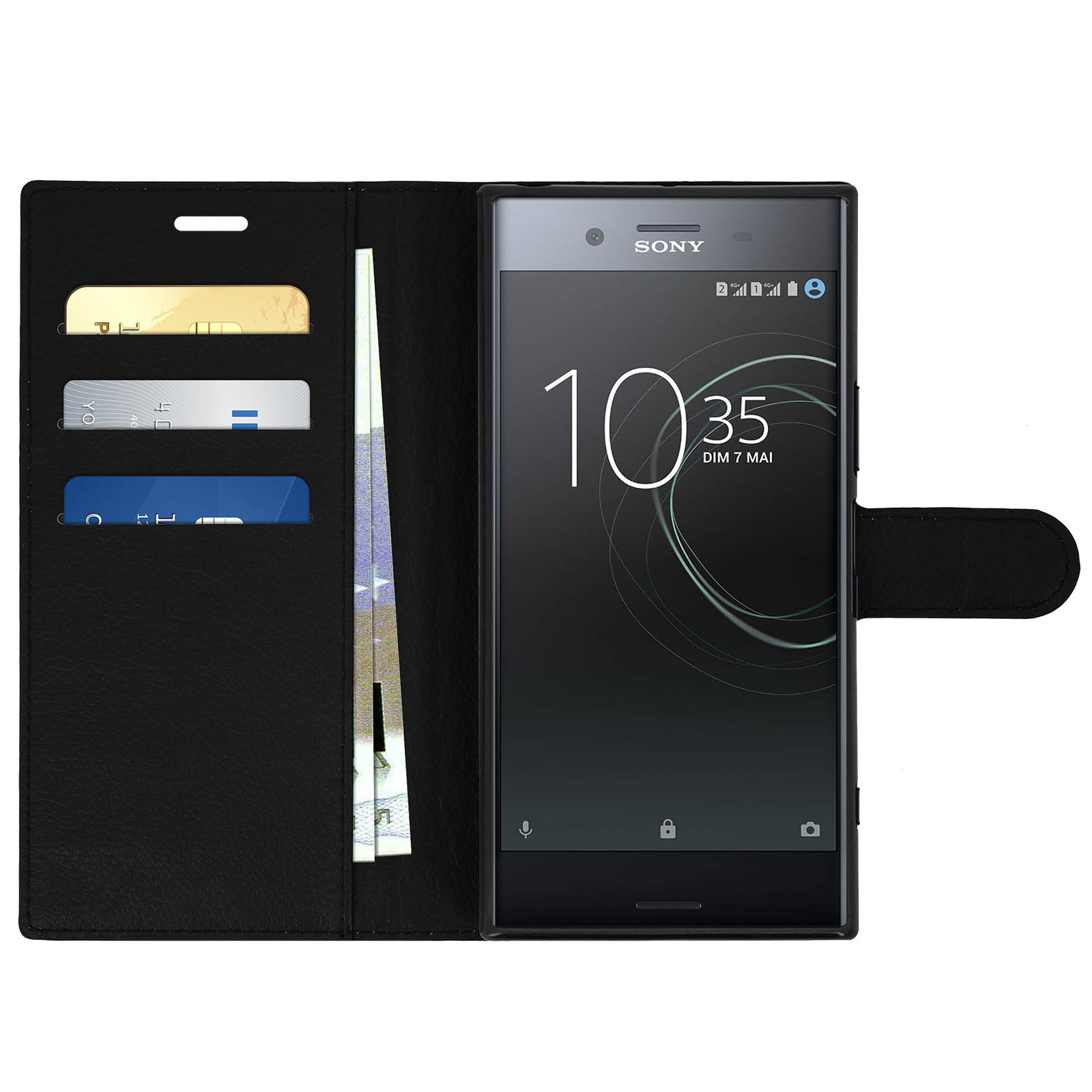 Telefono nero in una custodia a portafoglio, con carte e denaro visibili. La custodia è aperta.