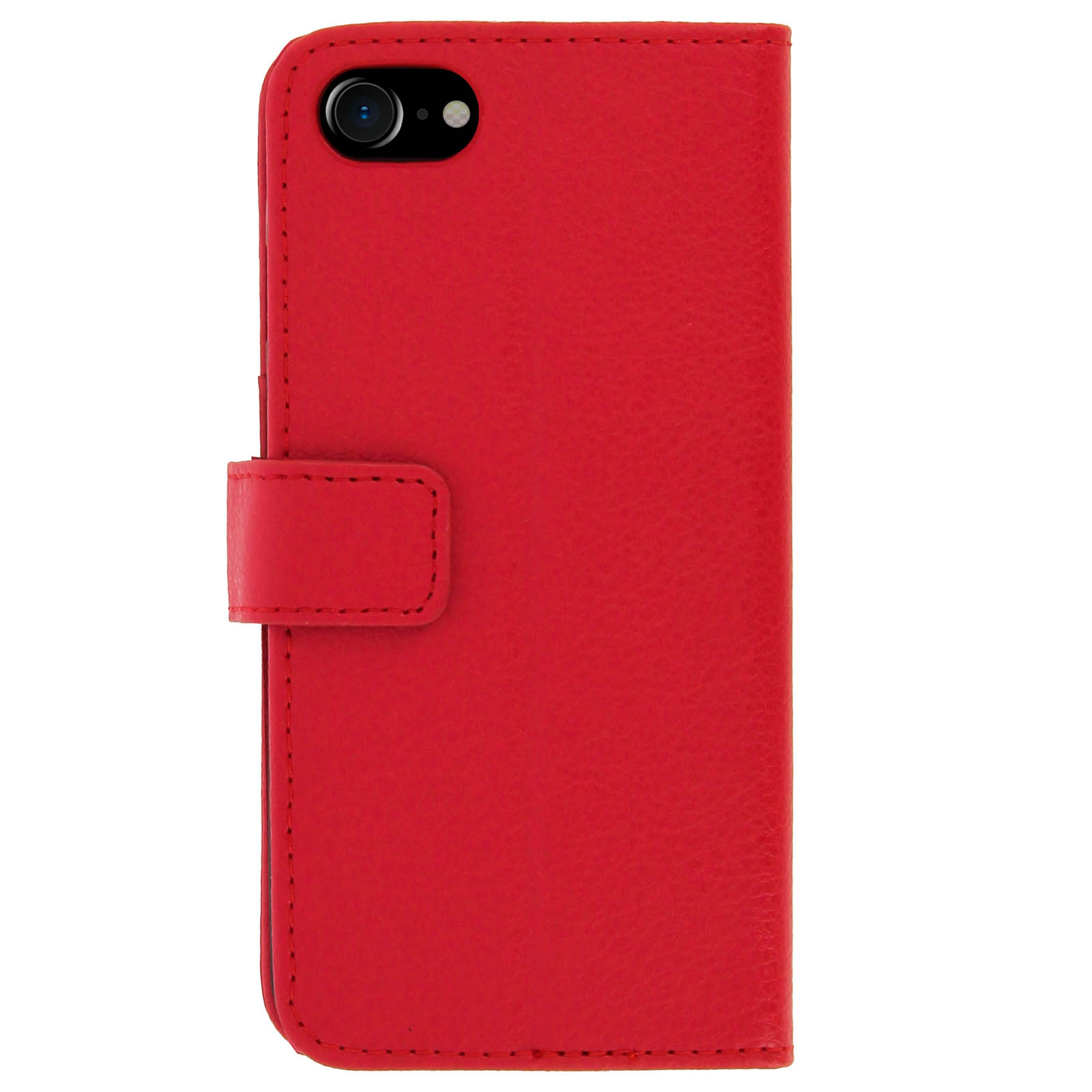 Una custodia per telefono rossa con chiusura magnetica. Il telefono è dentro e la custodia è chiusa.