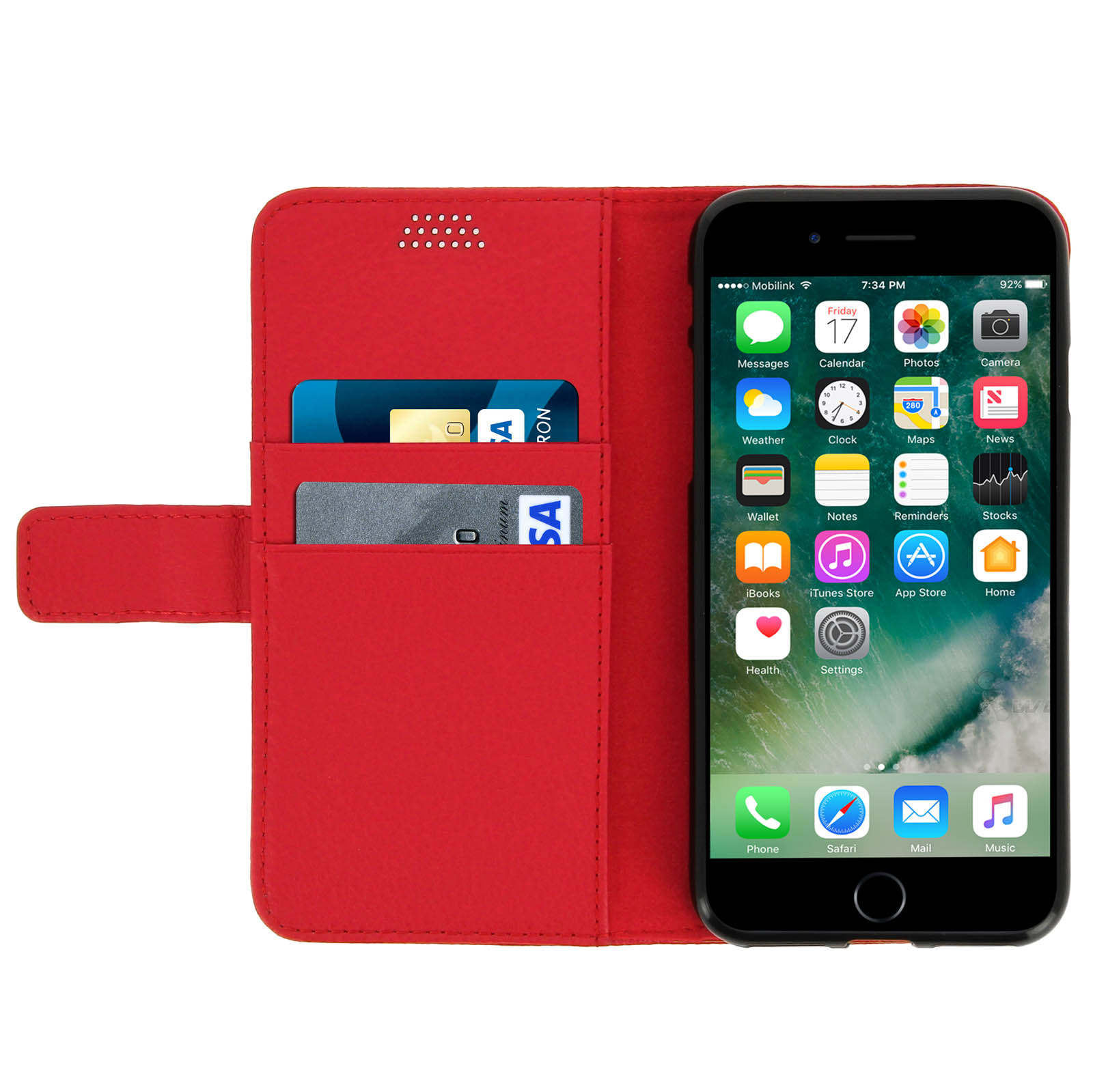 Custodia per telefono rossa aperta con un telefono che mostra icone di app e due carte.