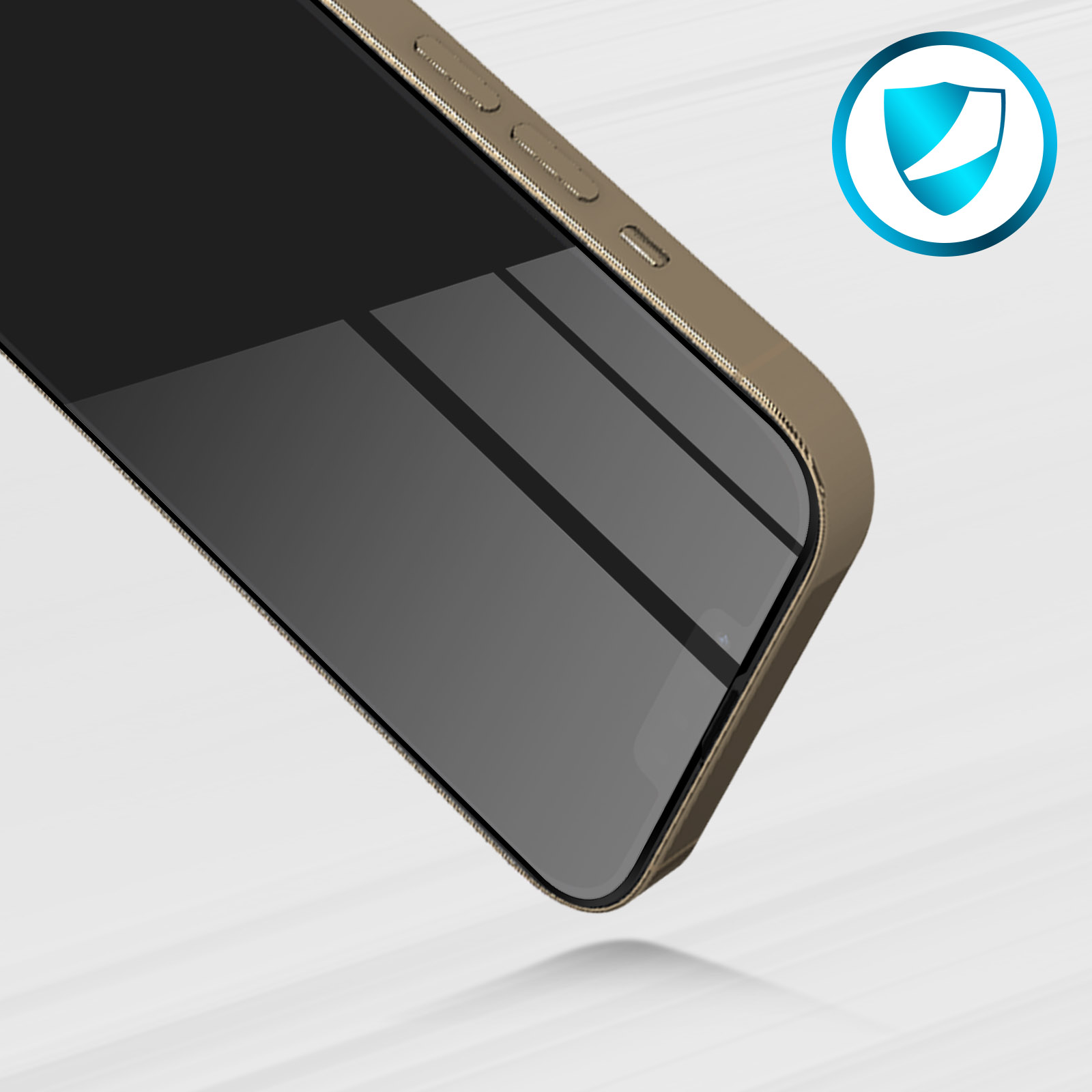 Primo piano del bordo di un telefono con icona scudo protettivo. Il telefono è oro, lo schermo scuro e lo sfondo bianco.