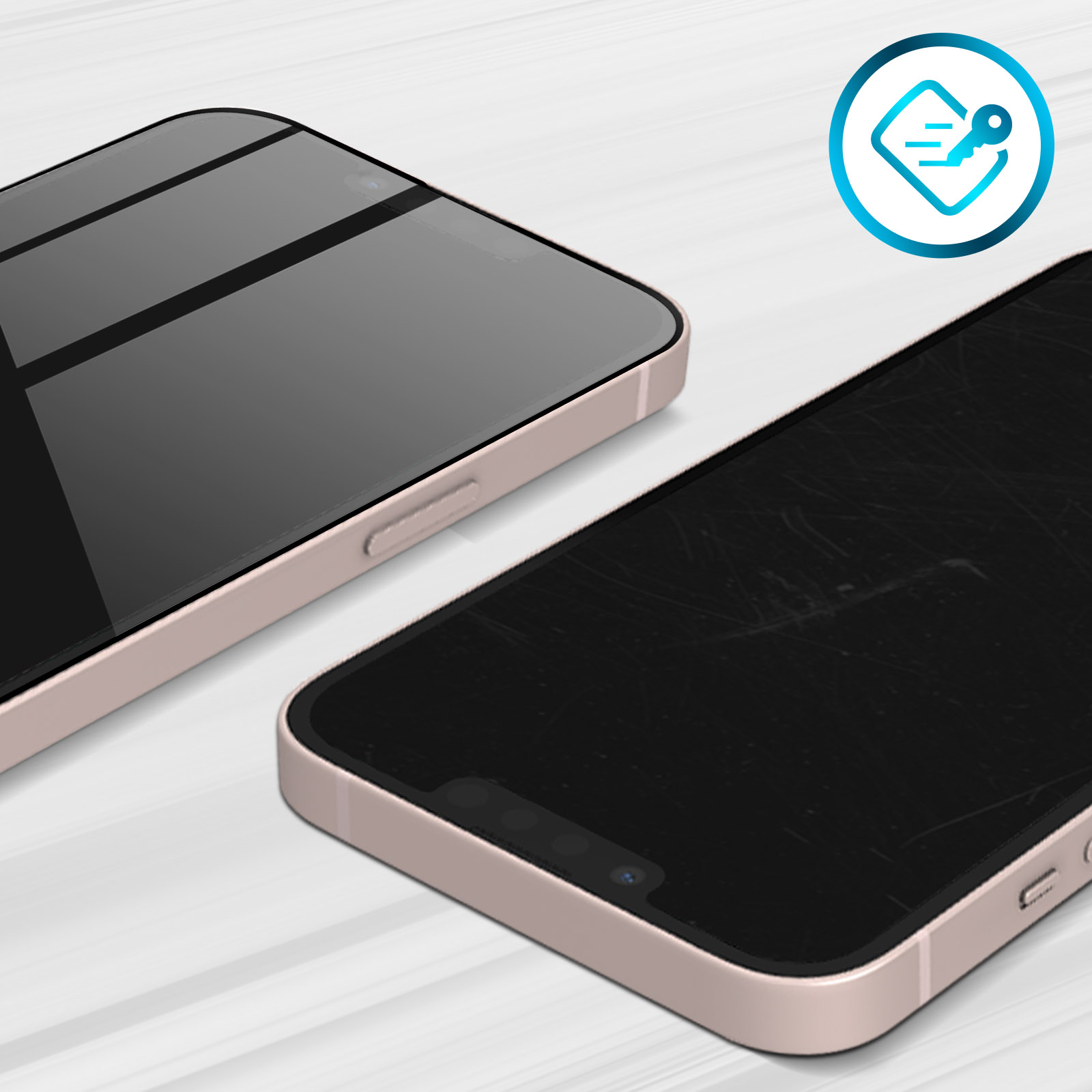 Due smartphone color oro rosa su una superficie bianca. Uno è angolato di lato, l'altro è rivolto in avanti. Un'icona chiave blu nell'angolo.