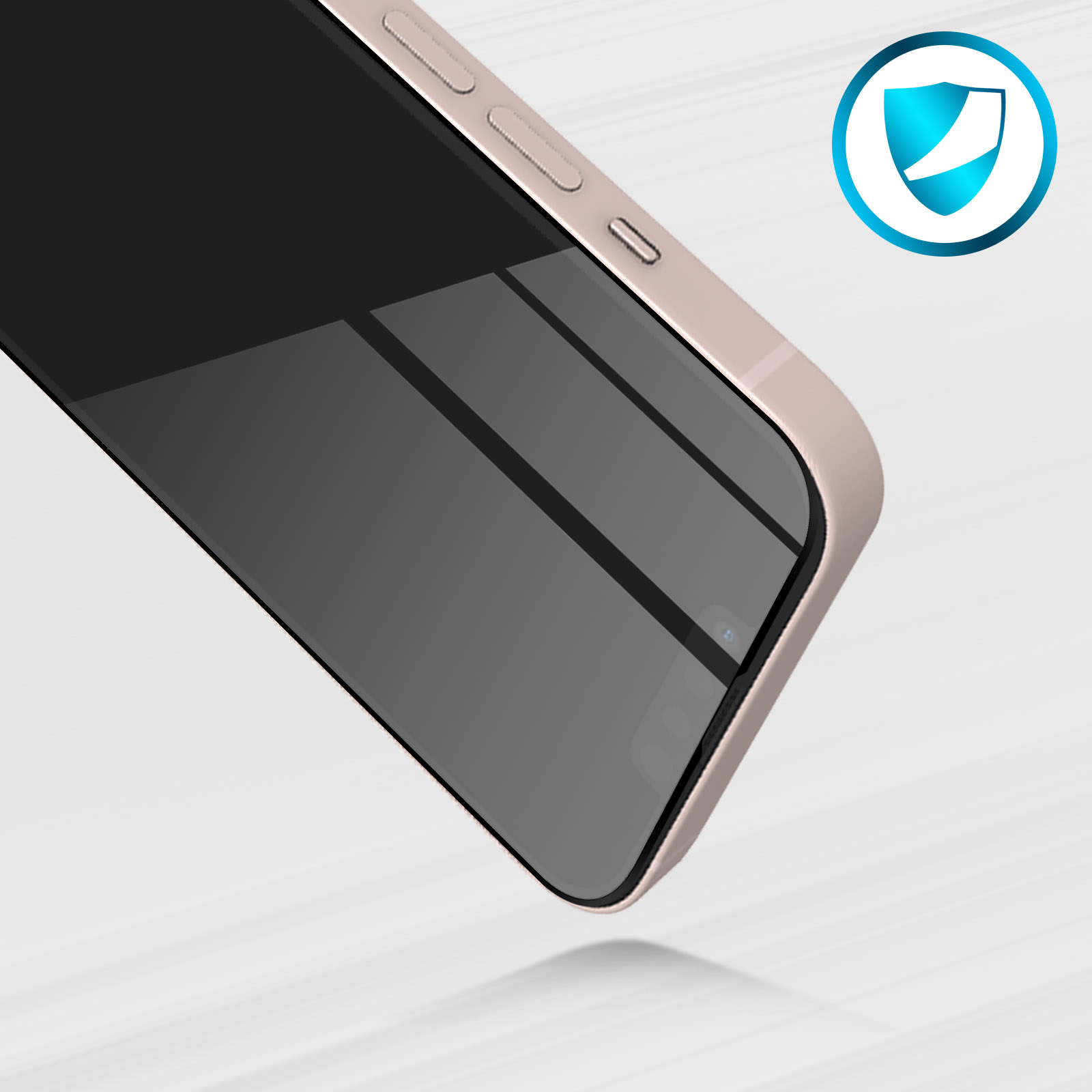Primo piano di uno smartphone con schermo nero e cornice dorata. Un logo a scudo è sullo sfondo.