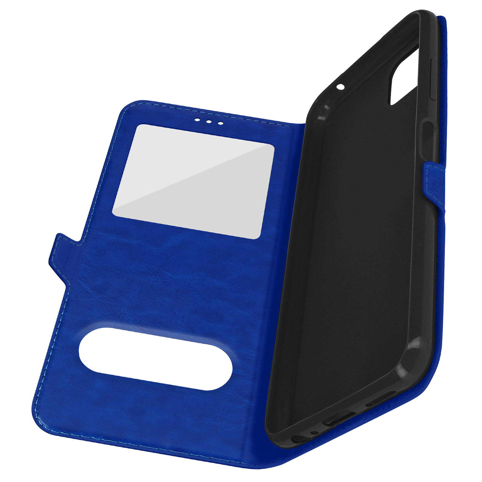 Étui de téléphone bleu ouvert, montrant l'intérieur noir et une fenêtre transparente.