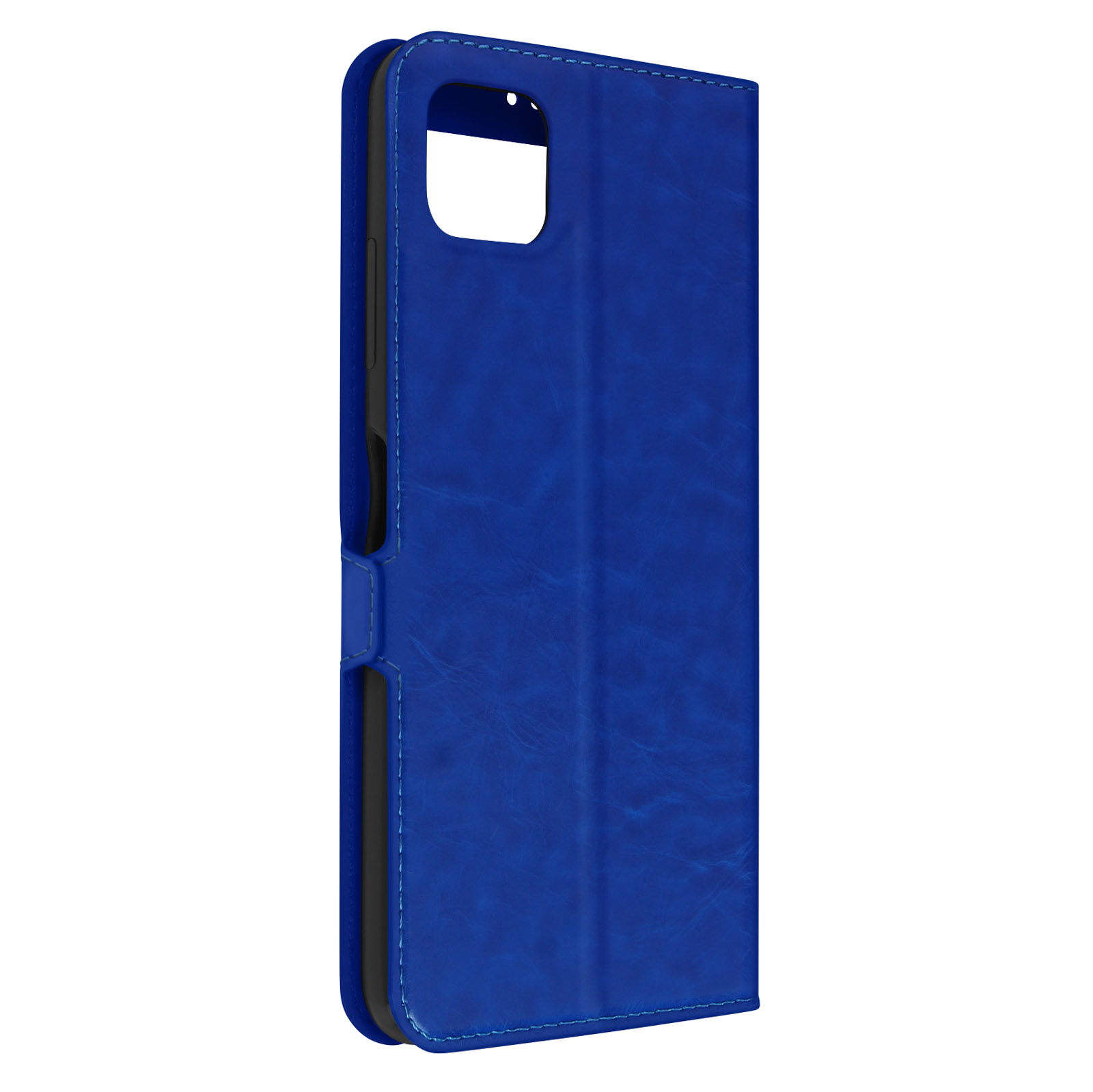 Étui de téléphone bleu, fermé, montrant le côté et l'avant.