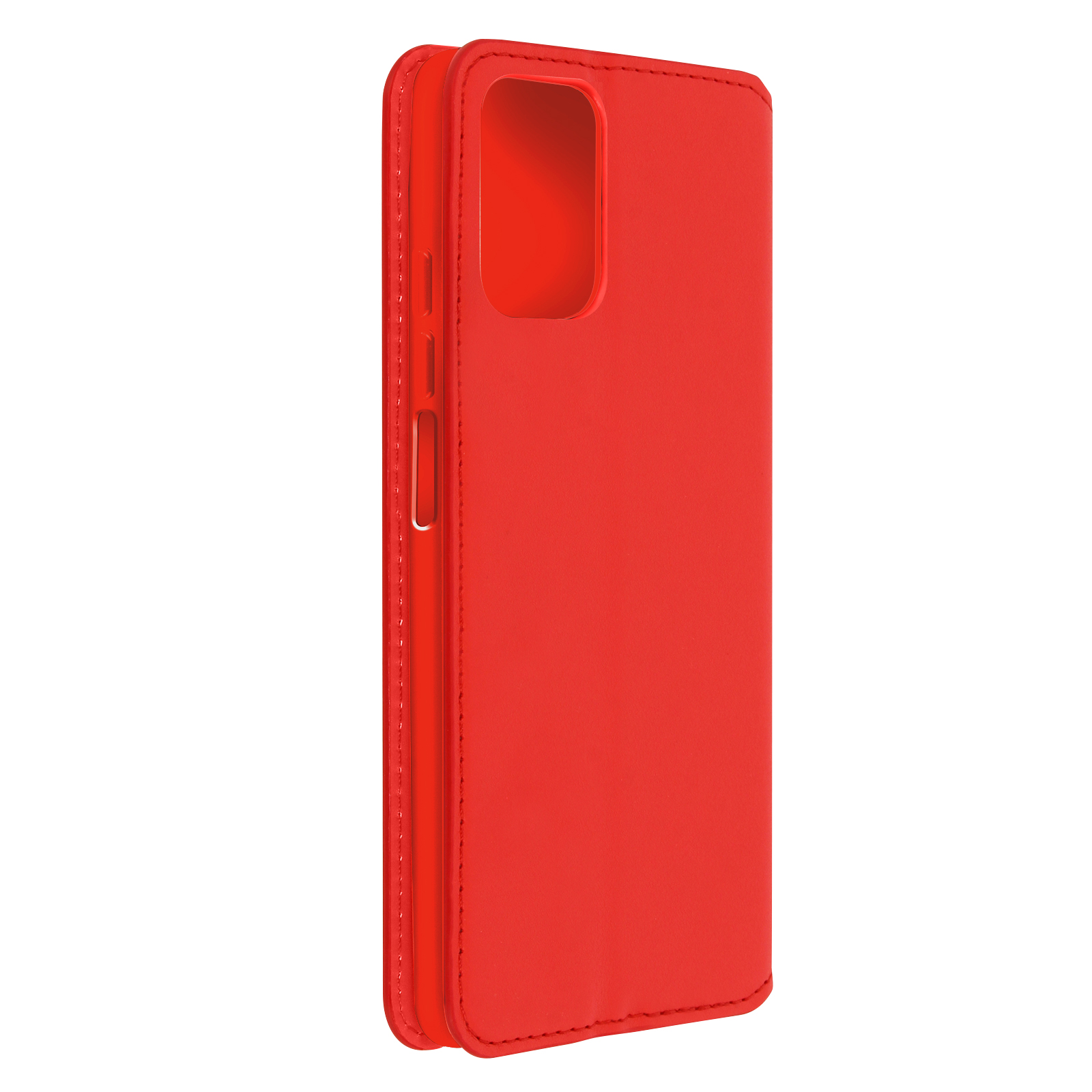 Custodia per telefono rossa, chiusa. La custodia è su una superficie bianca. Lo sfondo non è visibile.