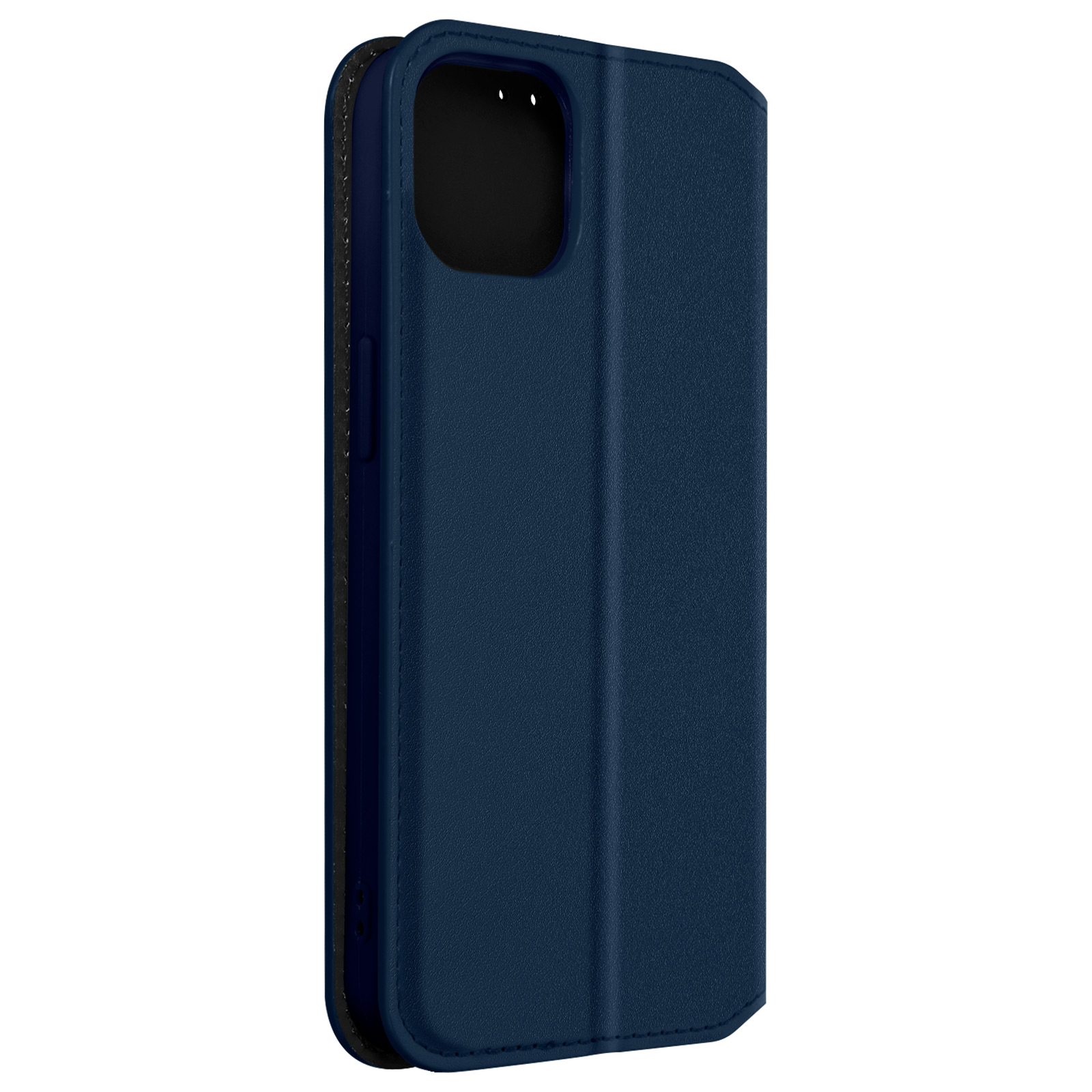 Een marineblauwe telefoonhoes, gesloten. De hoes is in portemonnee-stijl.
