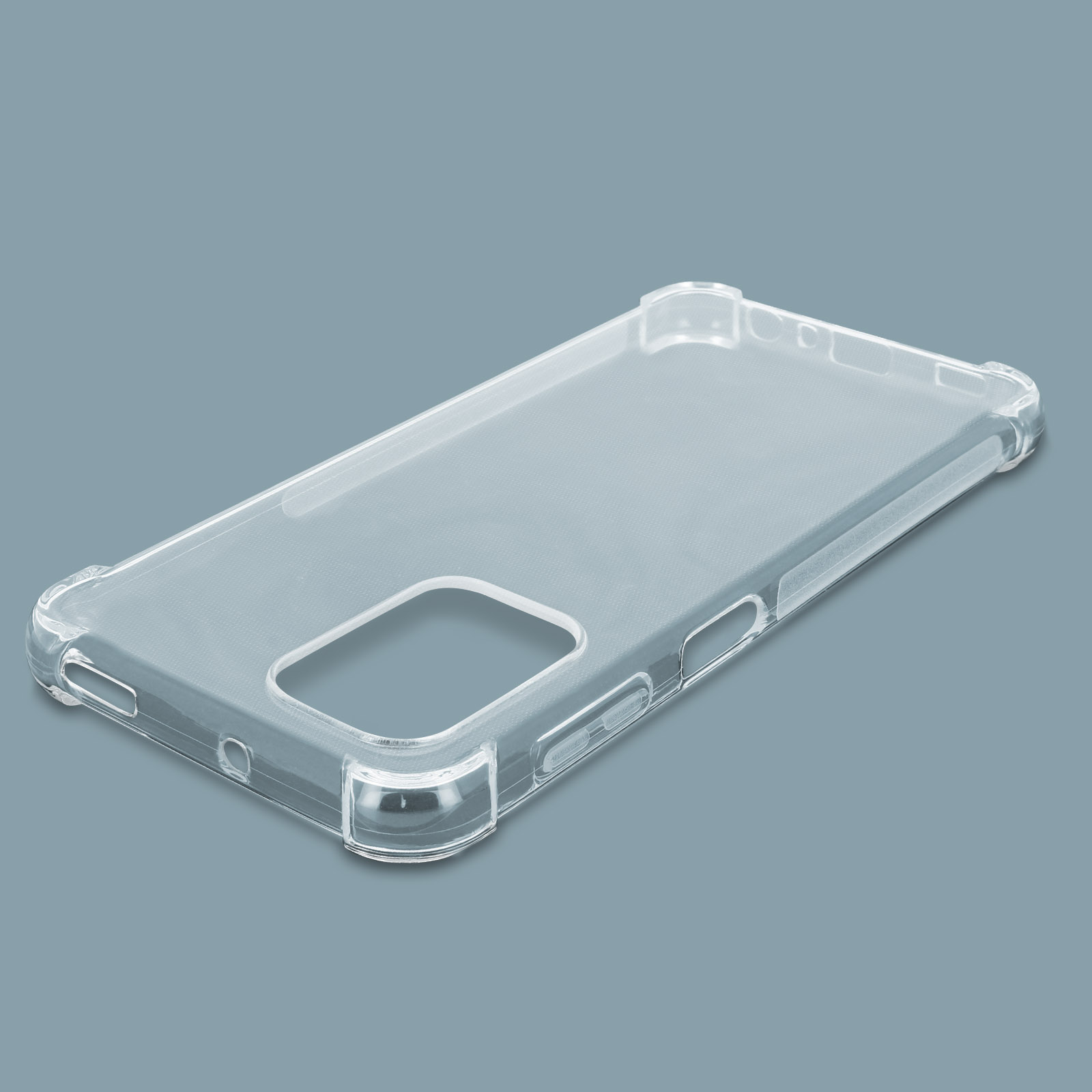 Custodia trasparente per telefono, su sfondo blu. La custodia ha ritagli per la fotocamera e i pulsanti.