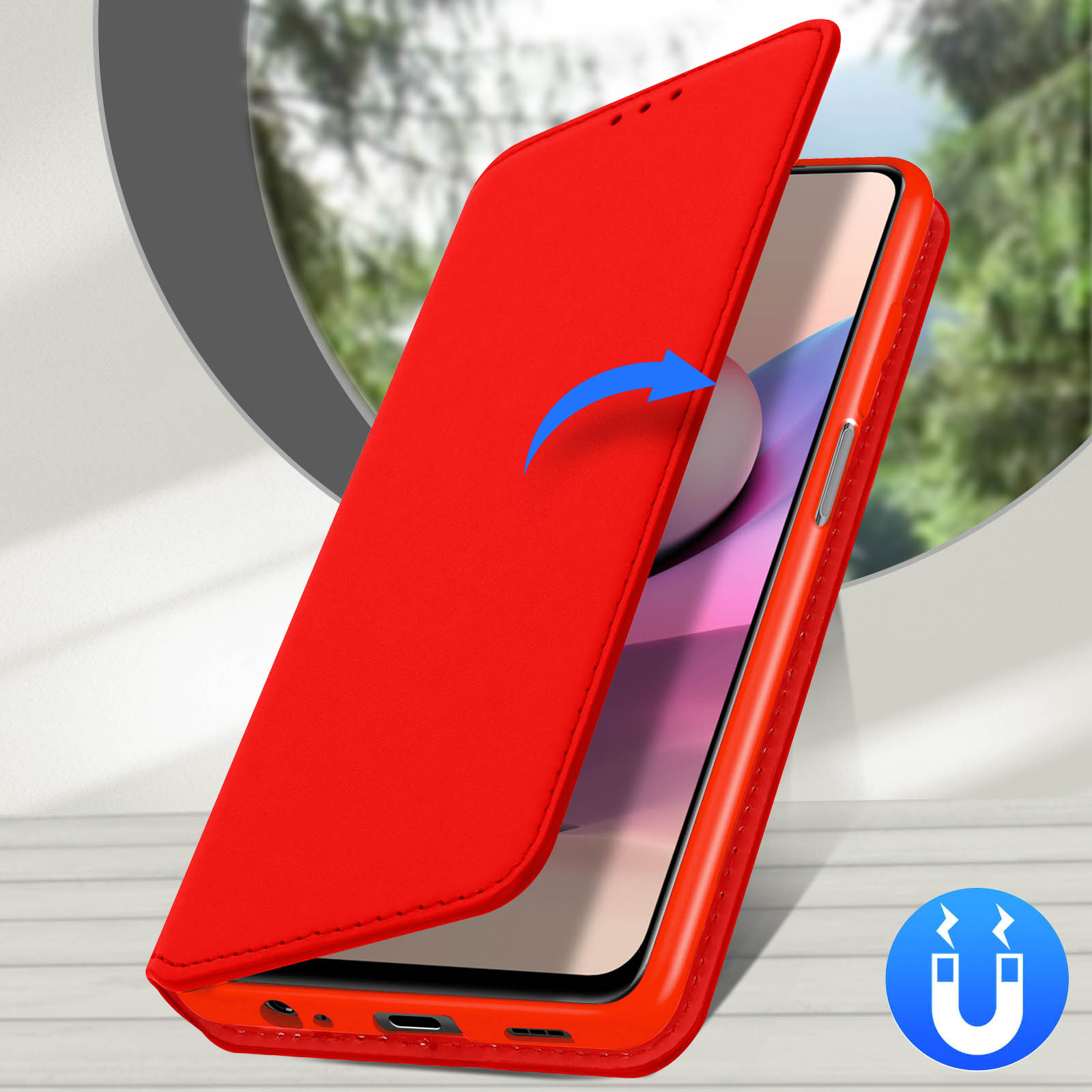 Custodia rossa per telefono con coperchio aperto, freccia blu e icona magnete. Sfondo verde.