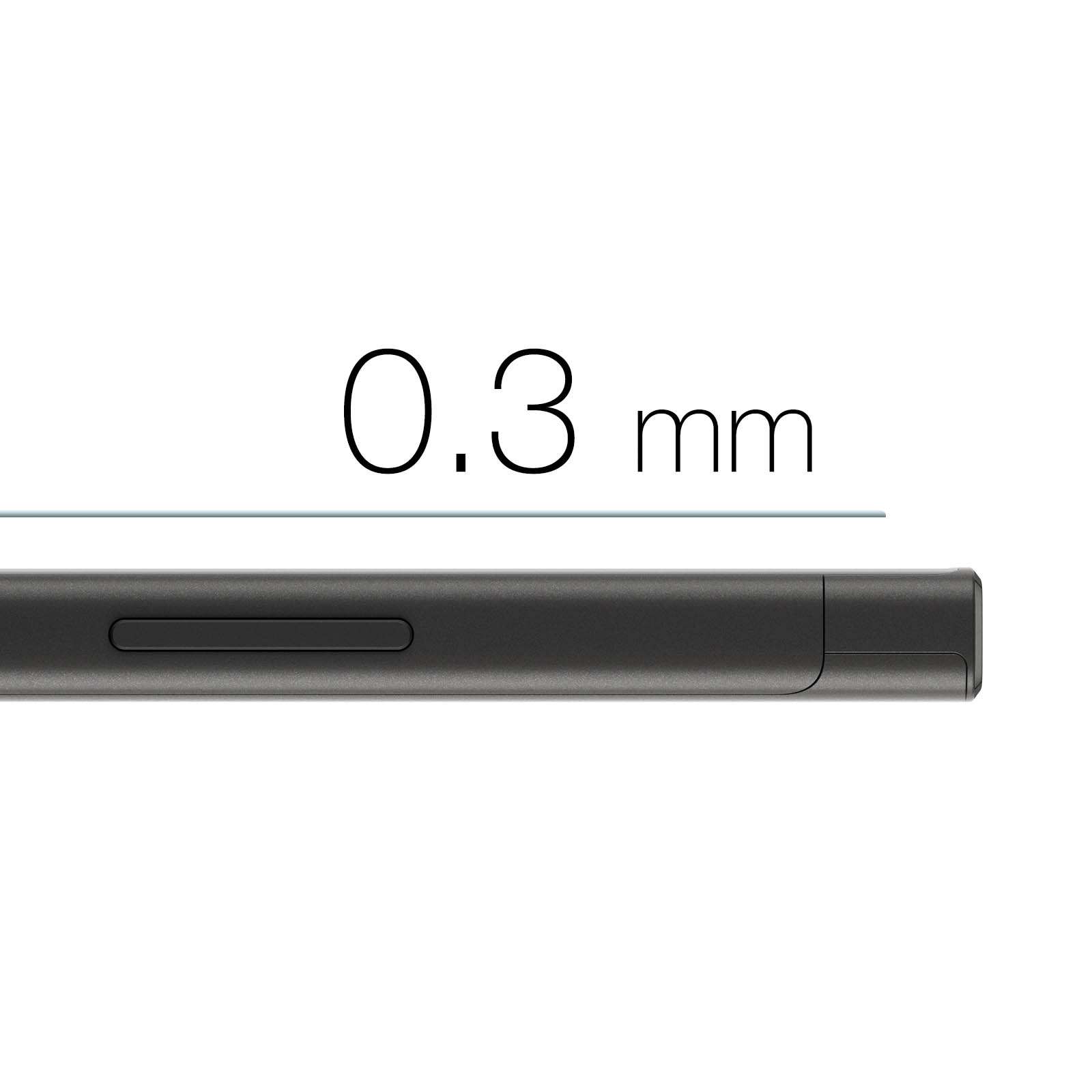 Vista ravvicinata di un telefono grigio scuro. Lo spessore è indicato come 0,3 mm.