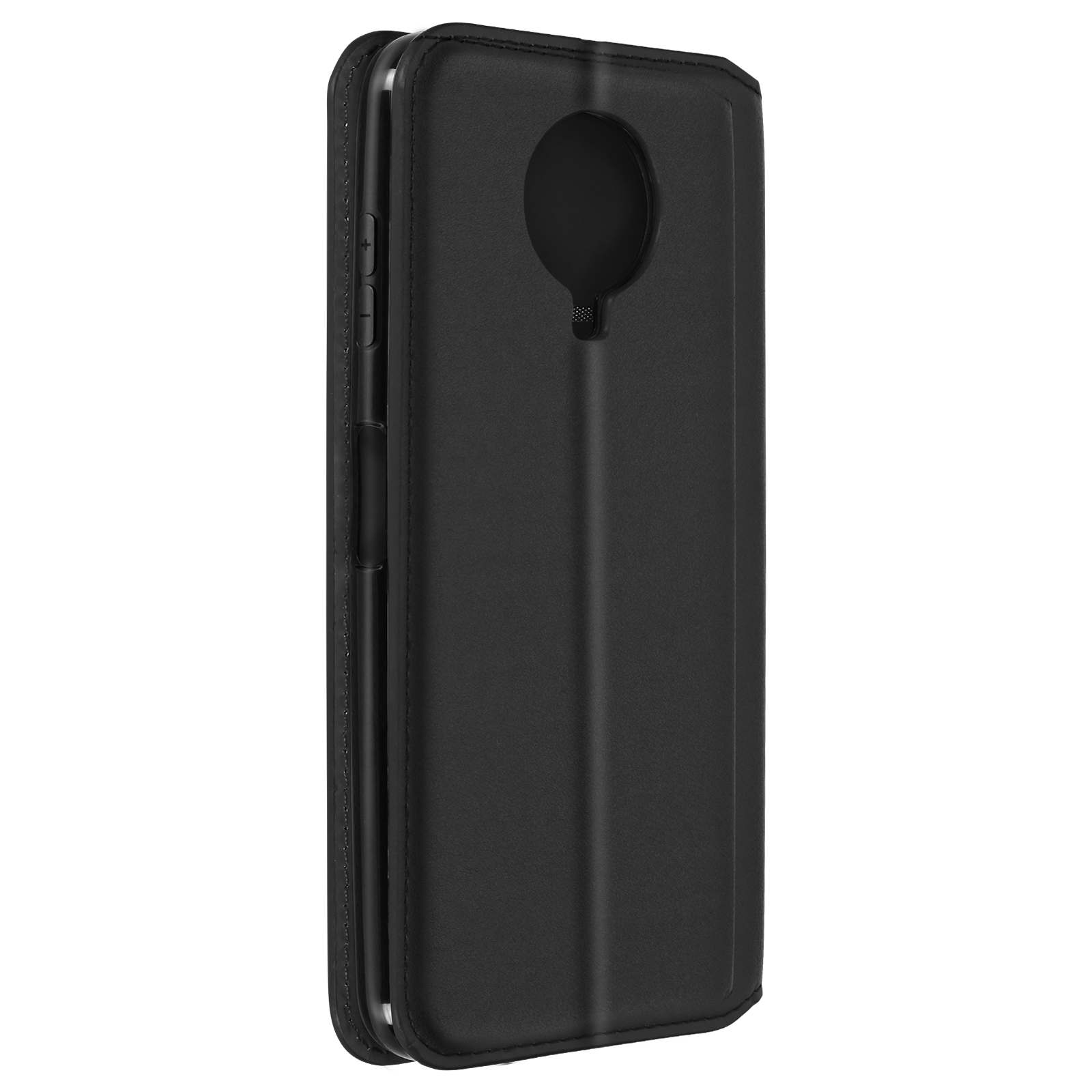 Custodia nera, chiusa, con foro per la fotocamera e pulsanti laterali.