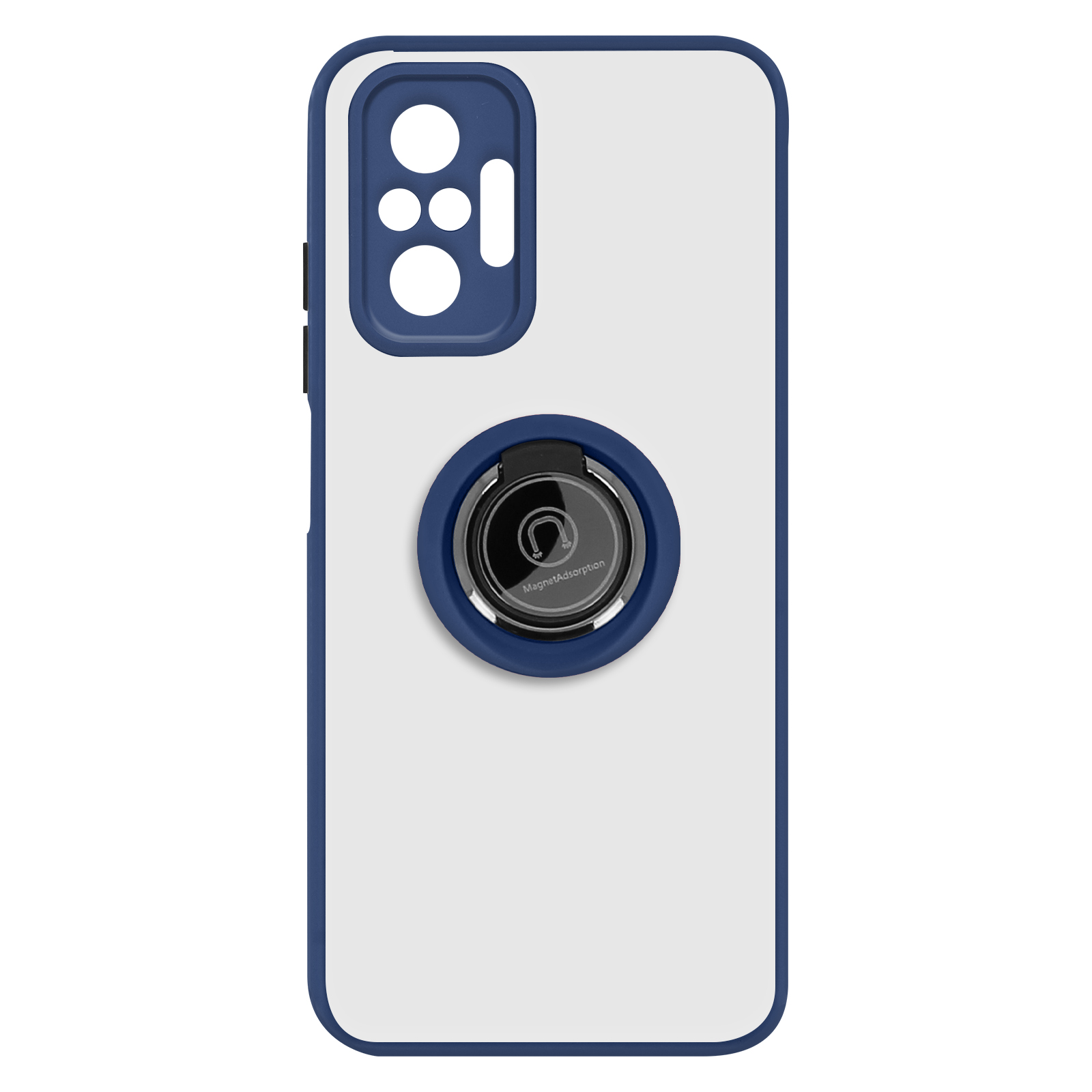Witte telefoonhoes met een blauwe ringhouder en camera-uitsparing, op een witte achtergrond.