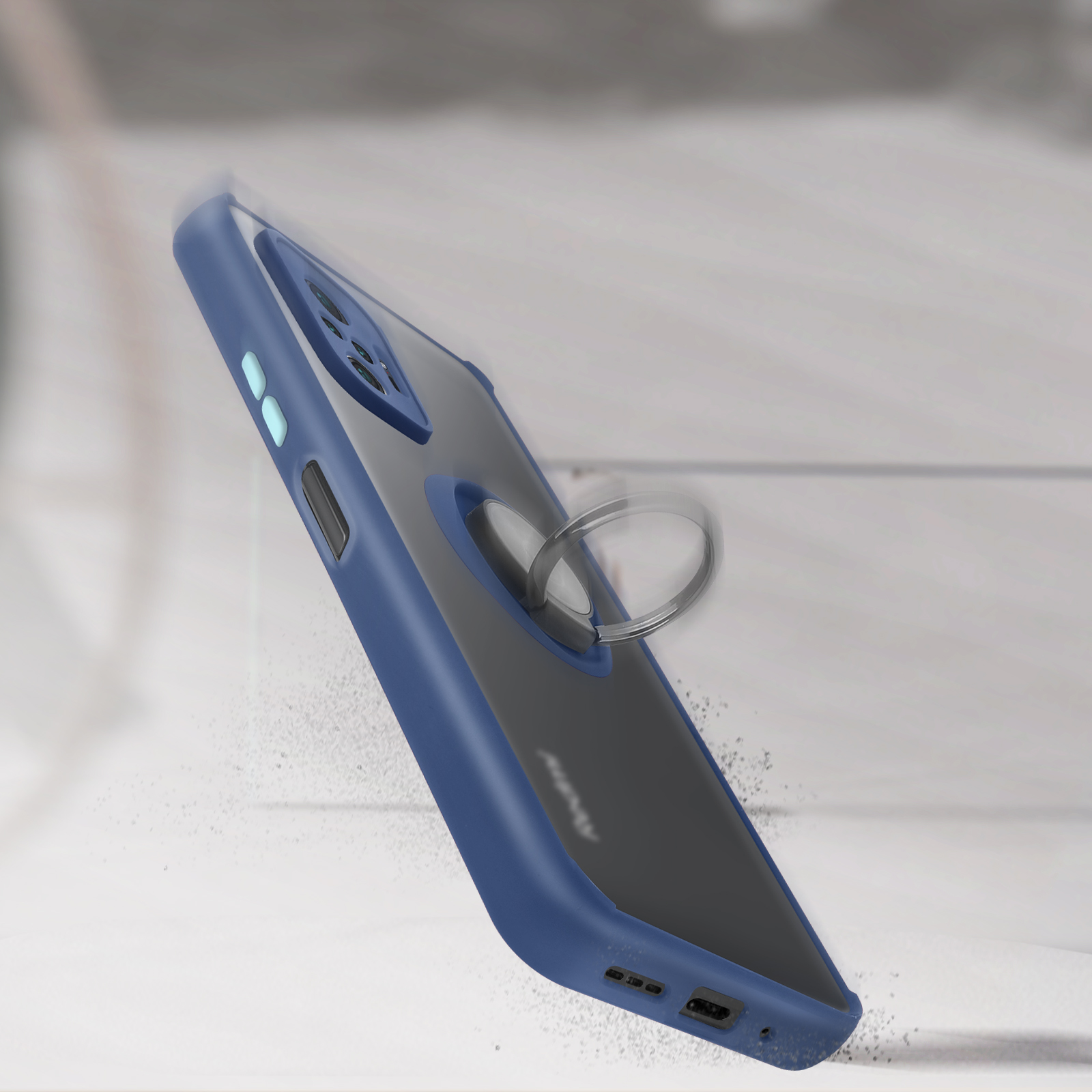 Telefoonhoesje met ringhouder die valt, blauw en transparant.