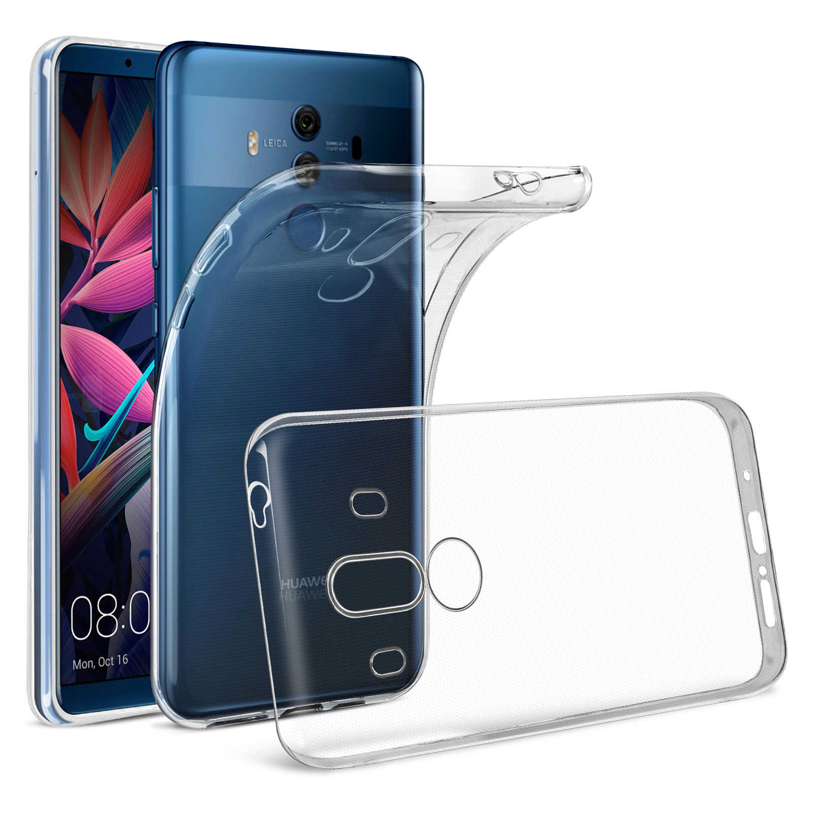 Due telefoni con custodie trasparenti. Uno è in piedi e l'altro è sdraiato. Entrambi sono di colore blu-nero.