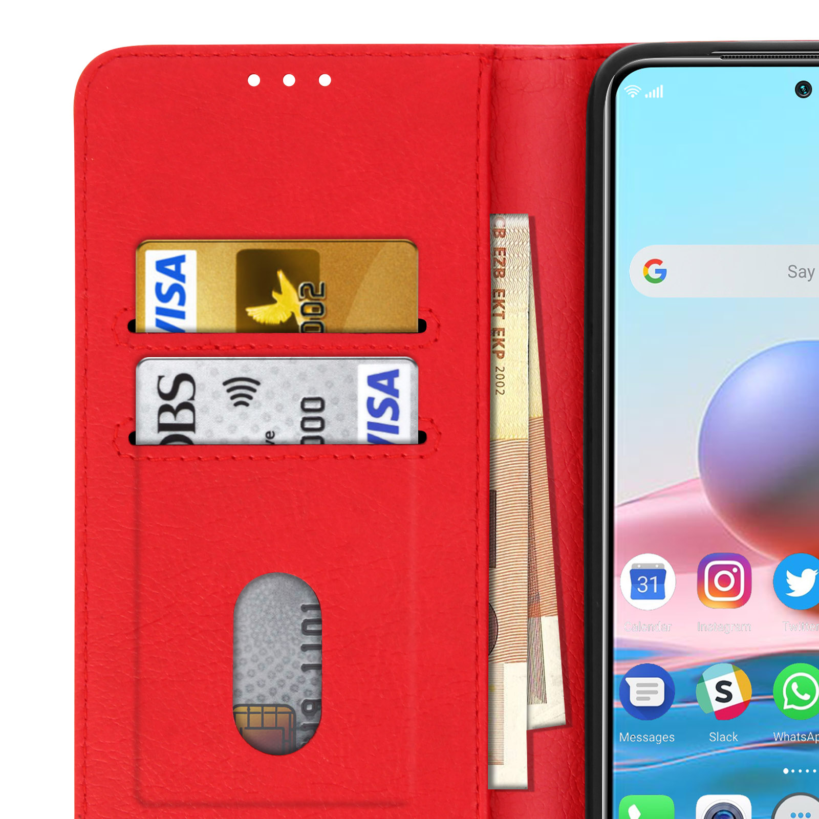 Custodia a portafoglio rossa aperta, che mostra un telefono con app sullo schermo, e carte e contanti.