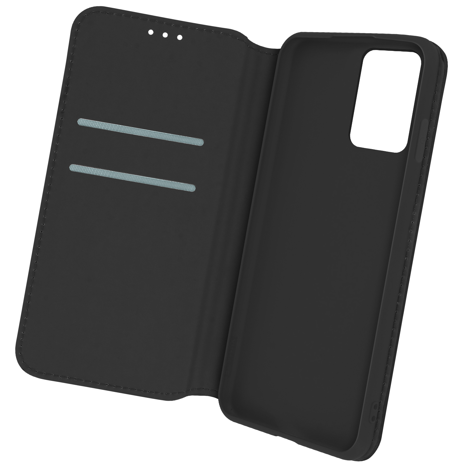 Un étui de téléphone noir, ouvert, montrant l'intérieur. Fond blanc.