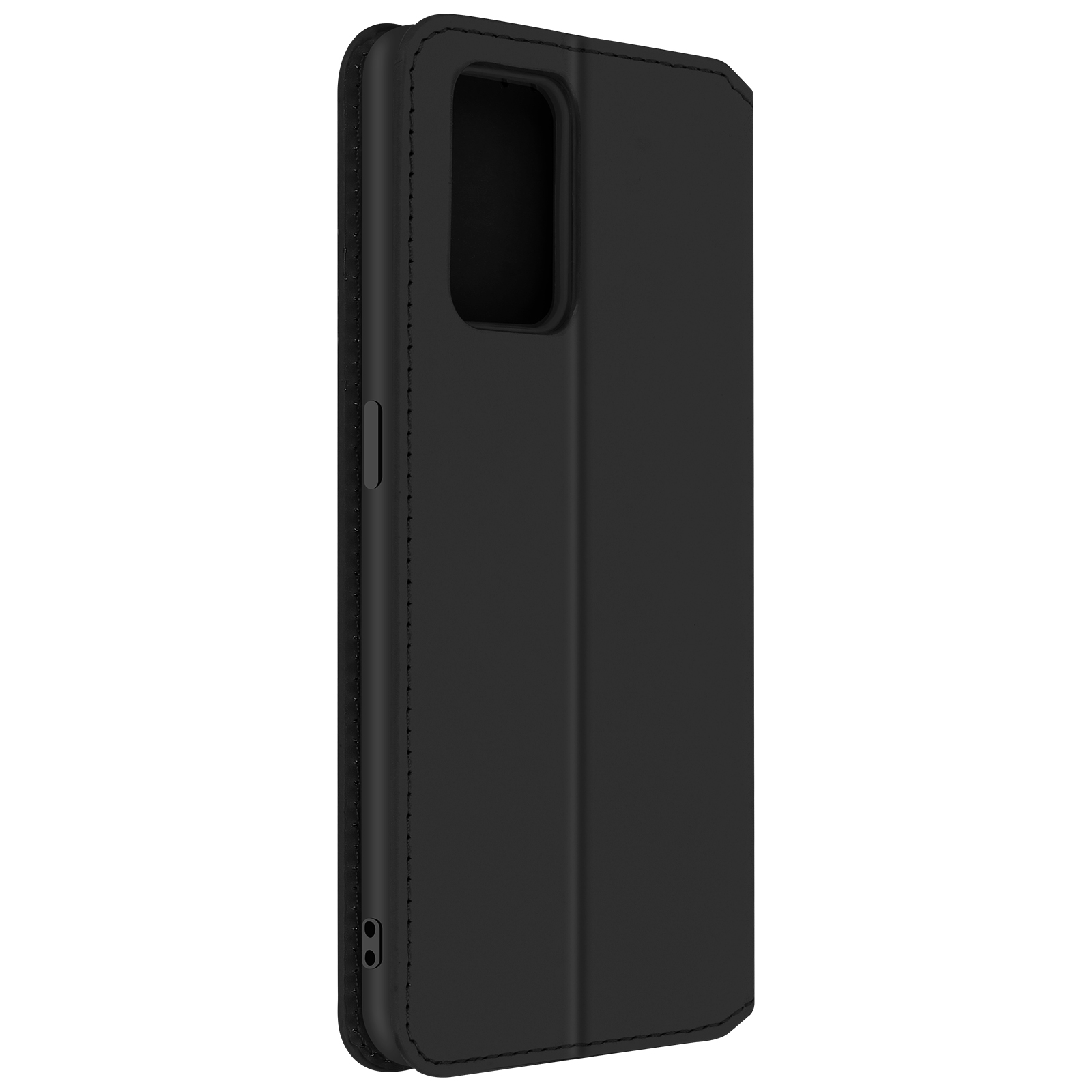 Zwarte telefoonhoes, gesloten, met een getextureerde buitenkant en stiksels.