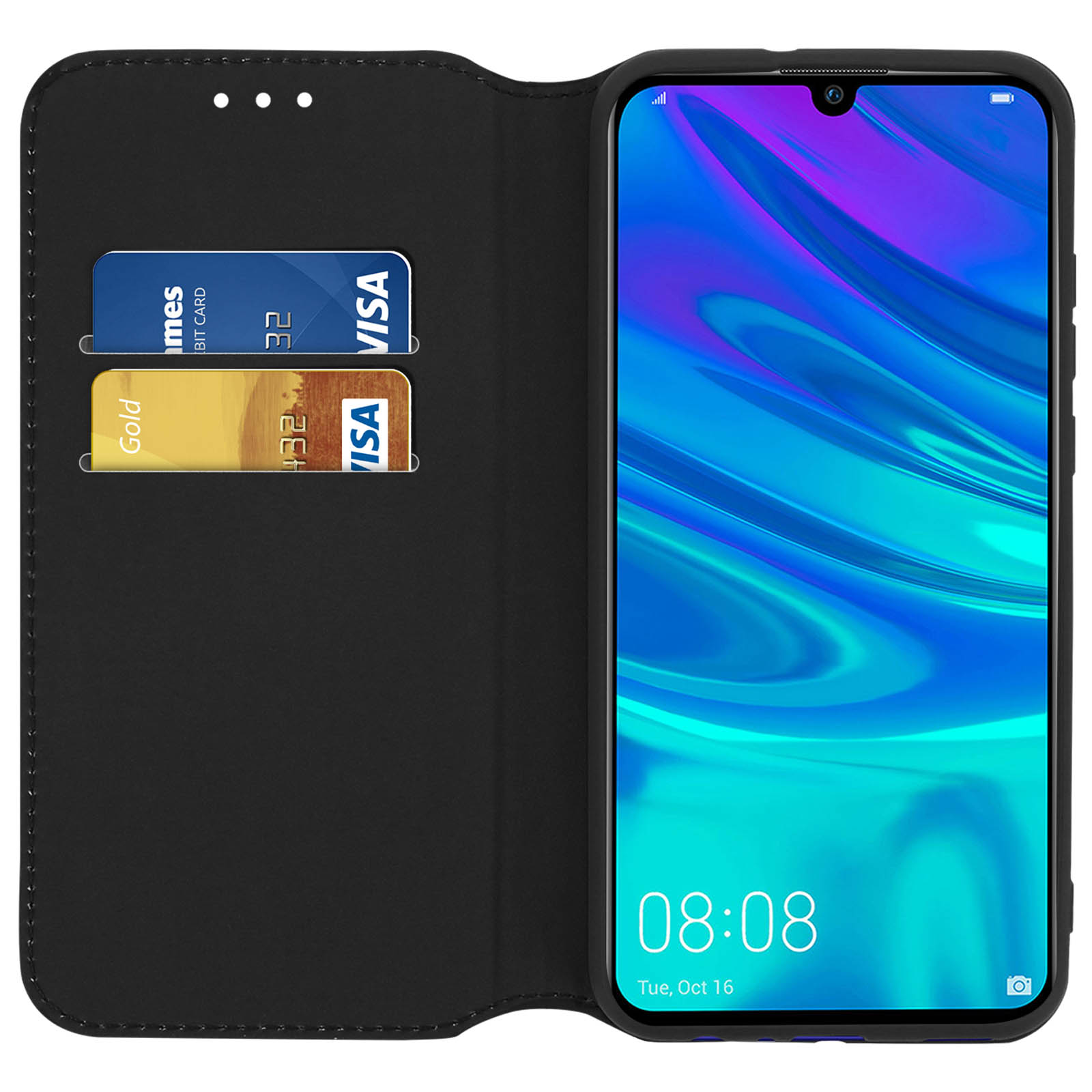 Una custodia per telefono con fessure per carte di credito. Lo schermo del telefono è visibile. La custodia è nera.