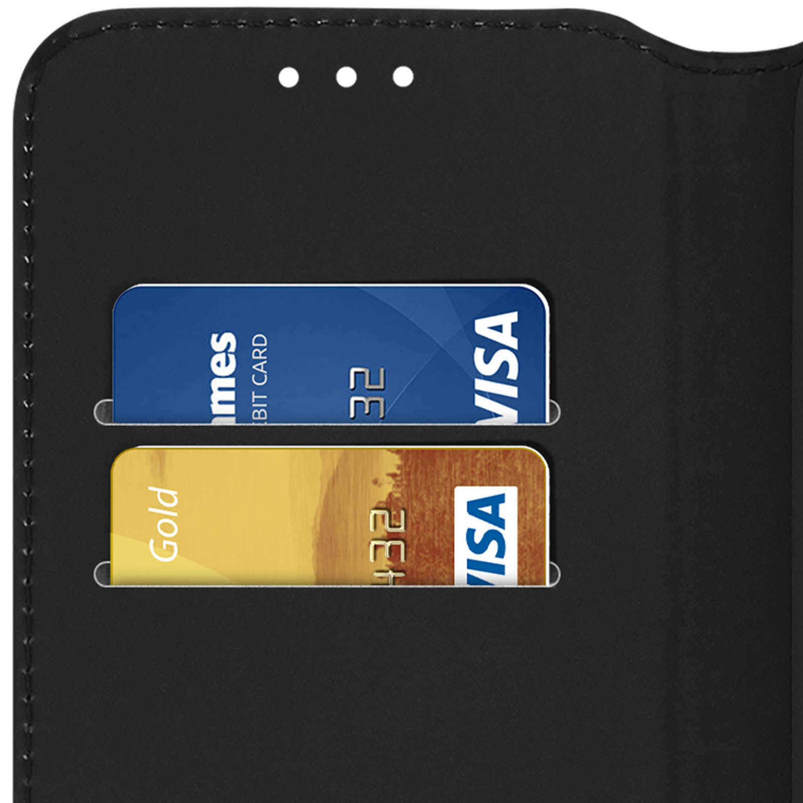 Custodia del telefono nera aperta, con due carte negli slot. Una blu, una oro, entrambe Visa.