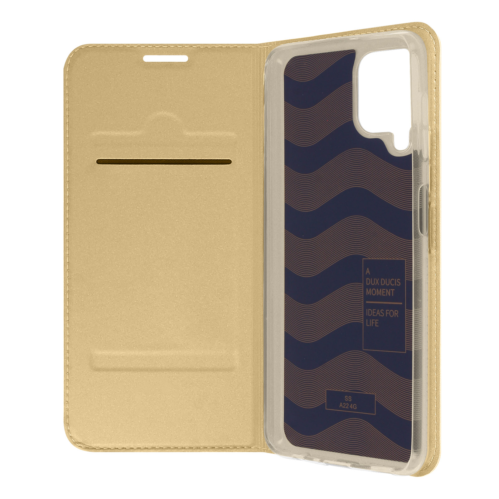 Funda dorada para teléfono abierta. Dentro, un diseño azul oscuro con las palabras 'Ideas for Life'.