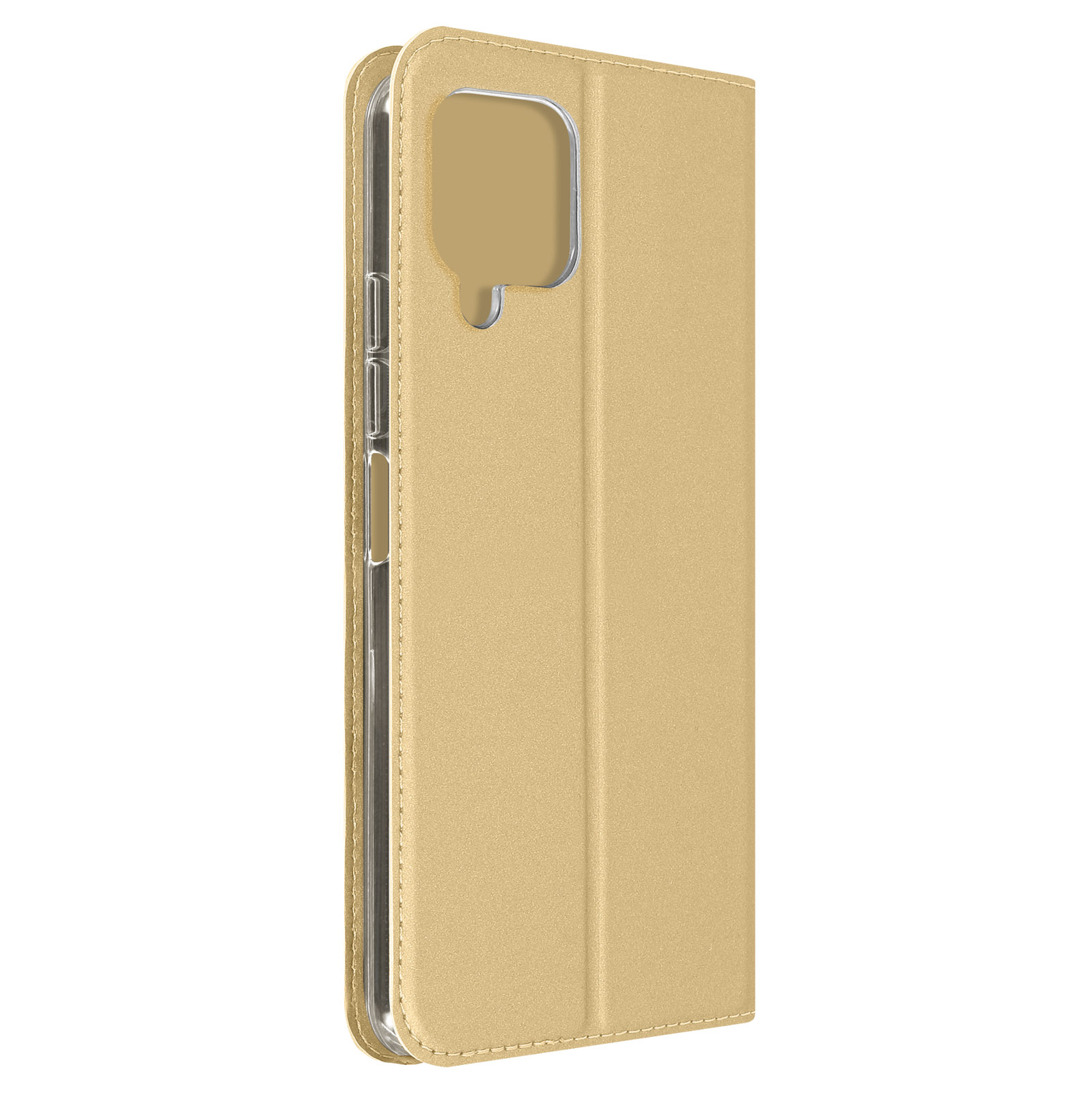 Funda dorada para teléfono, plegada y cerrada. La funda tiene un recorte para la cámara.