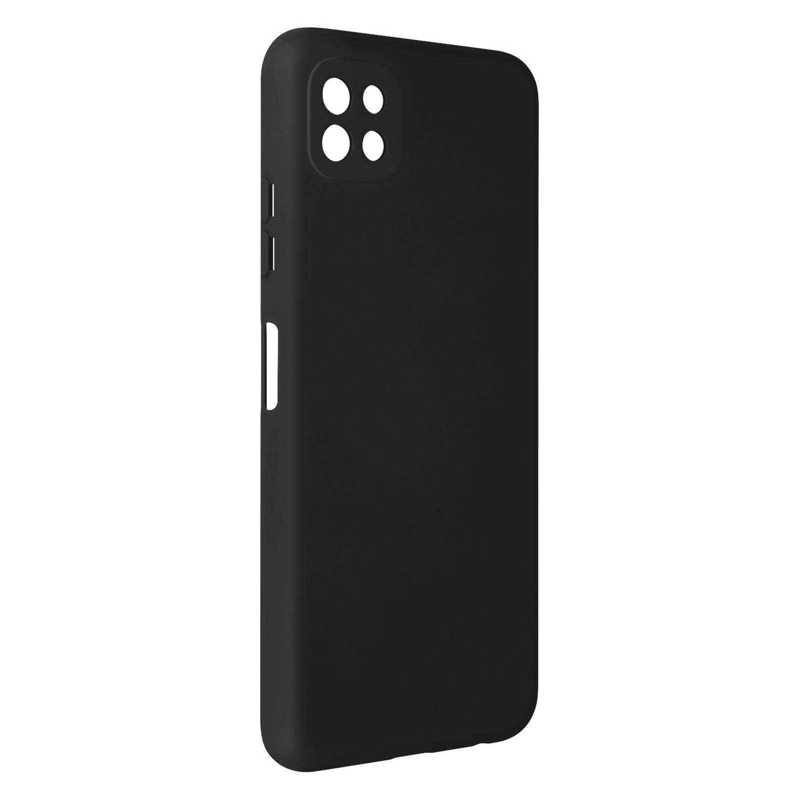 Una custodia nera per telefono su sfondo bianco. È di colore nero pieno e sembra essere una custodia per telefono.