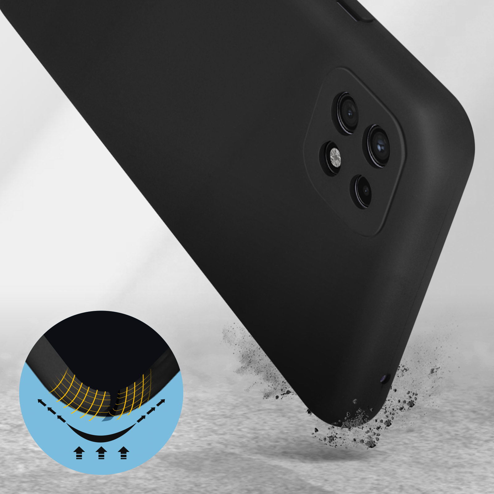Custodia nera per telefono con un telefono all'interno. La custodia ha un ritaglio per la fotocamera.
