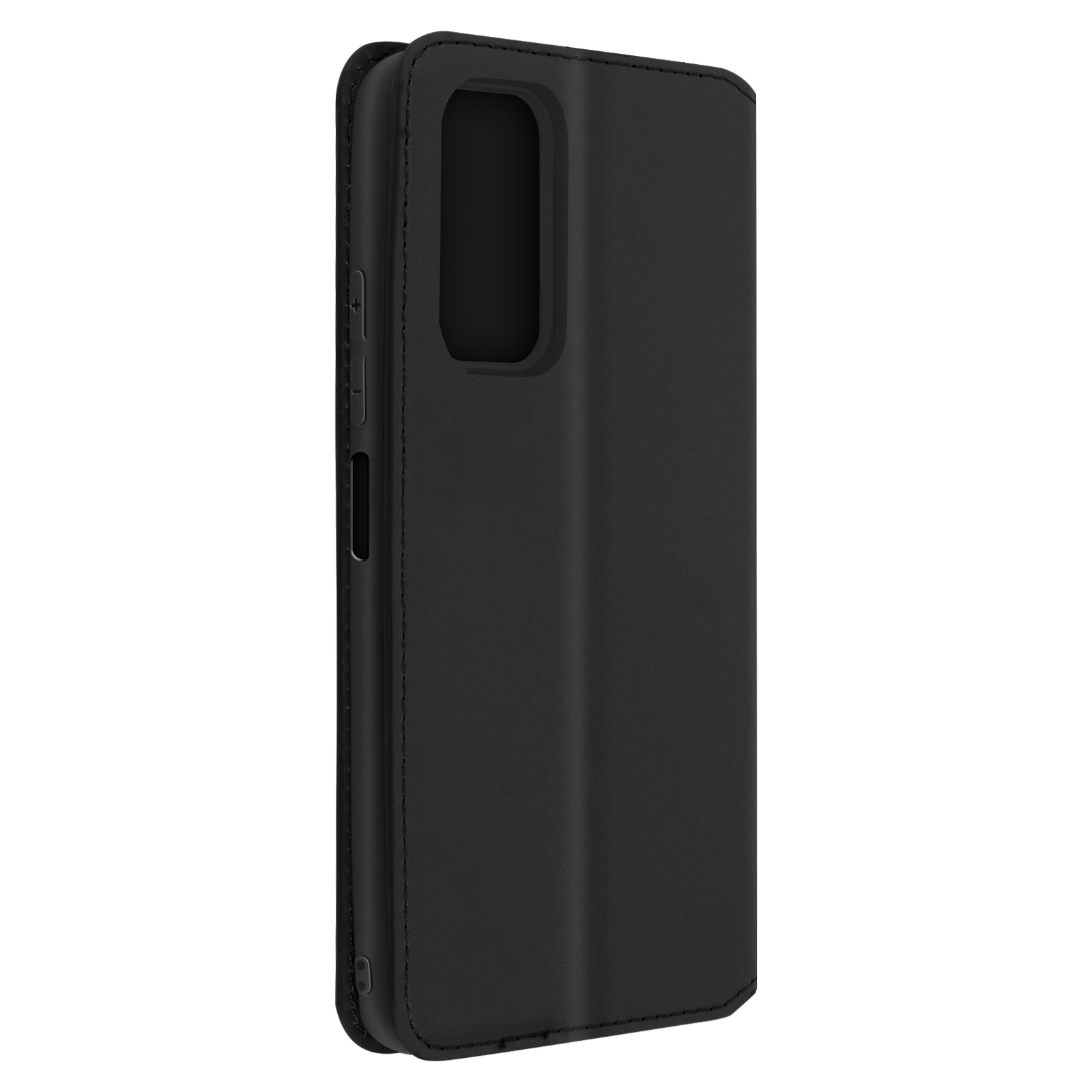 Coque de téléphone noire avec extérieur lisse. La coque est fermée et montre une vue latérale du téléphone.