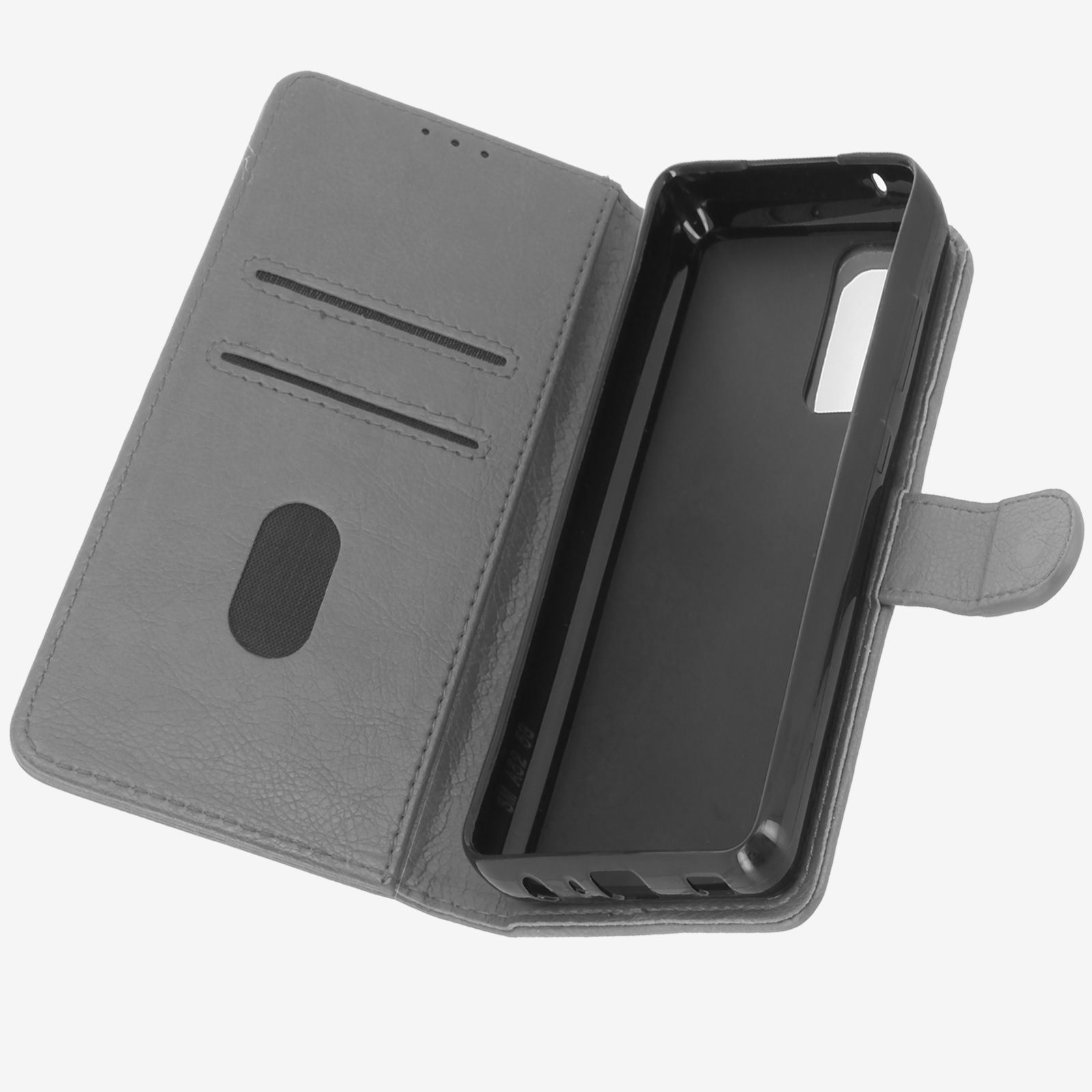 Étui de téléphone gris ouvert. À l'intérieur, un étui noir avec découpes pour caméra et boutons.