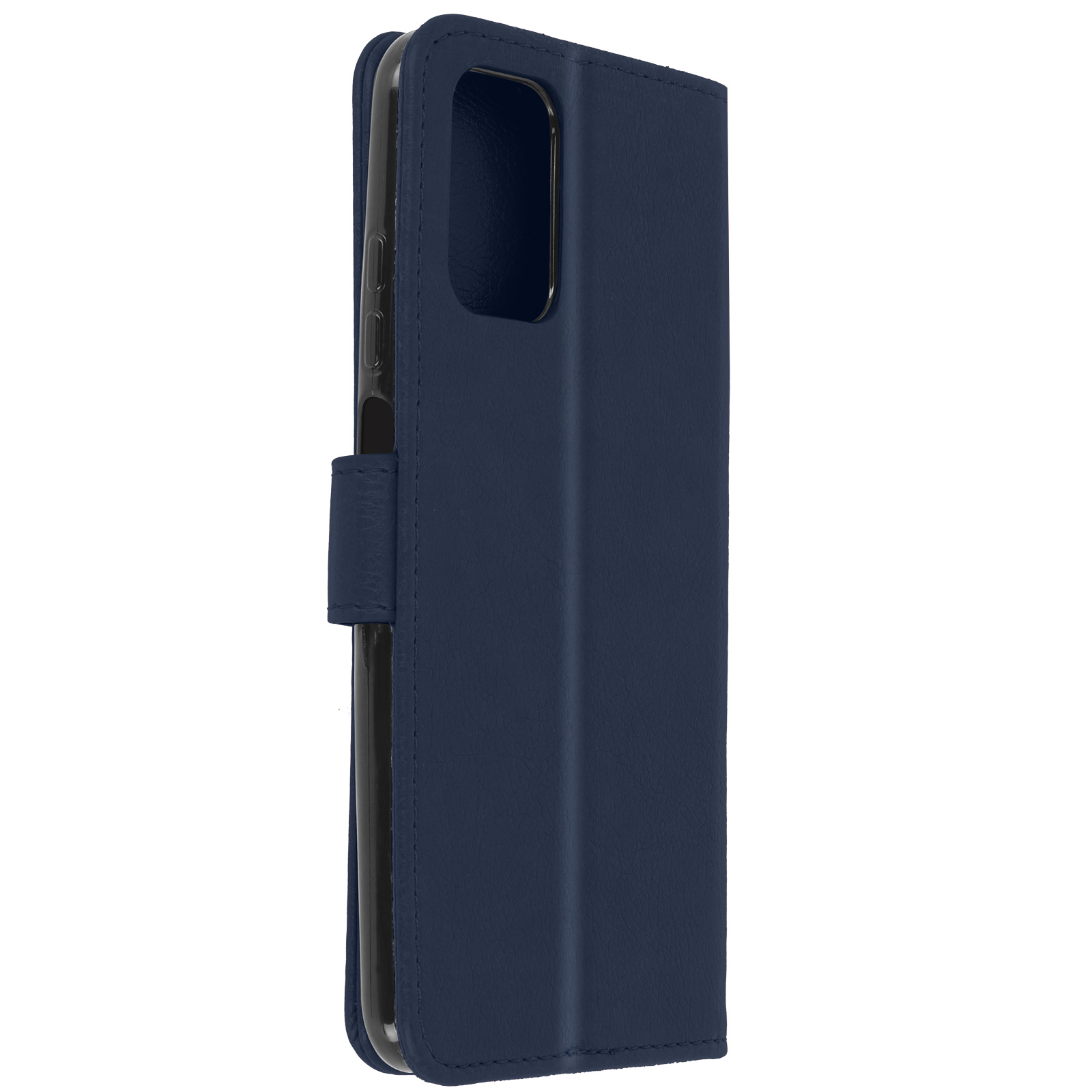 Una custodia per telefono blu navy è aperta, mostrando l'interno. La custodia ha una chiusura magnetica.