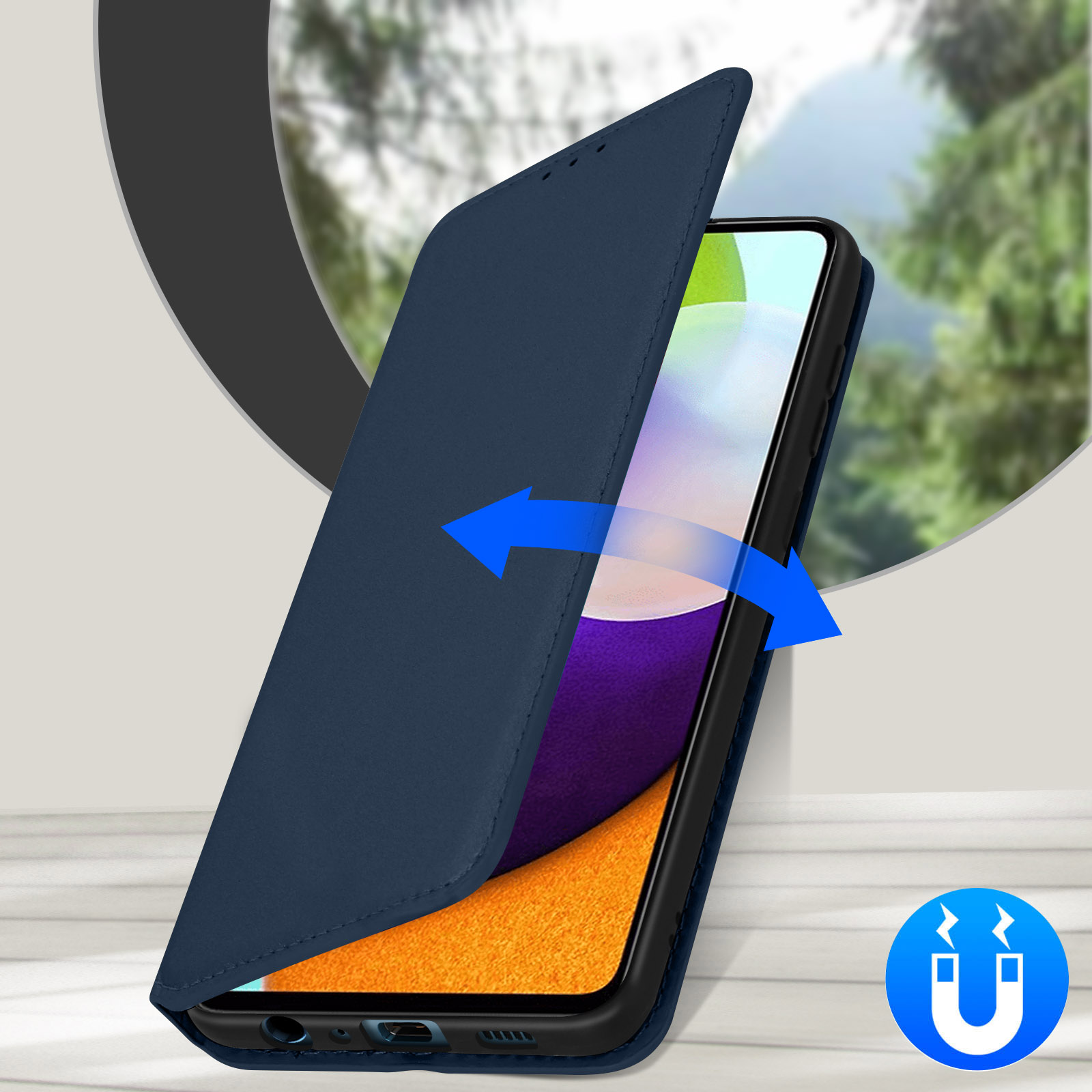 Custodia blu, con telefono all'interno. Sono incluse frecce e un'icona a calamita.