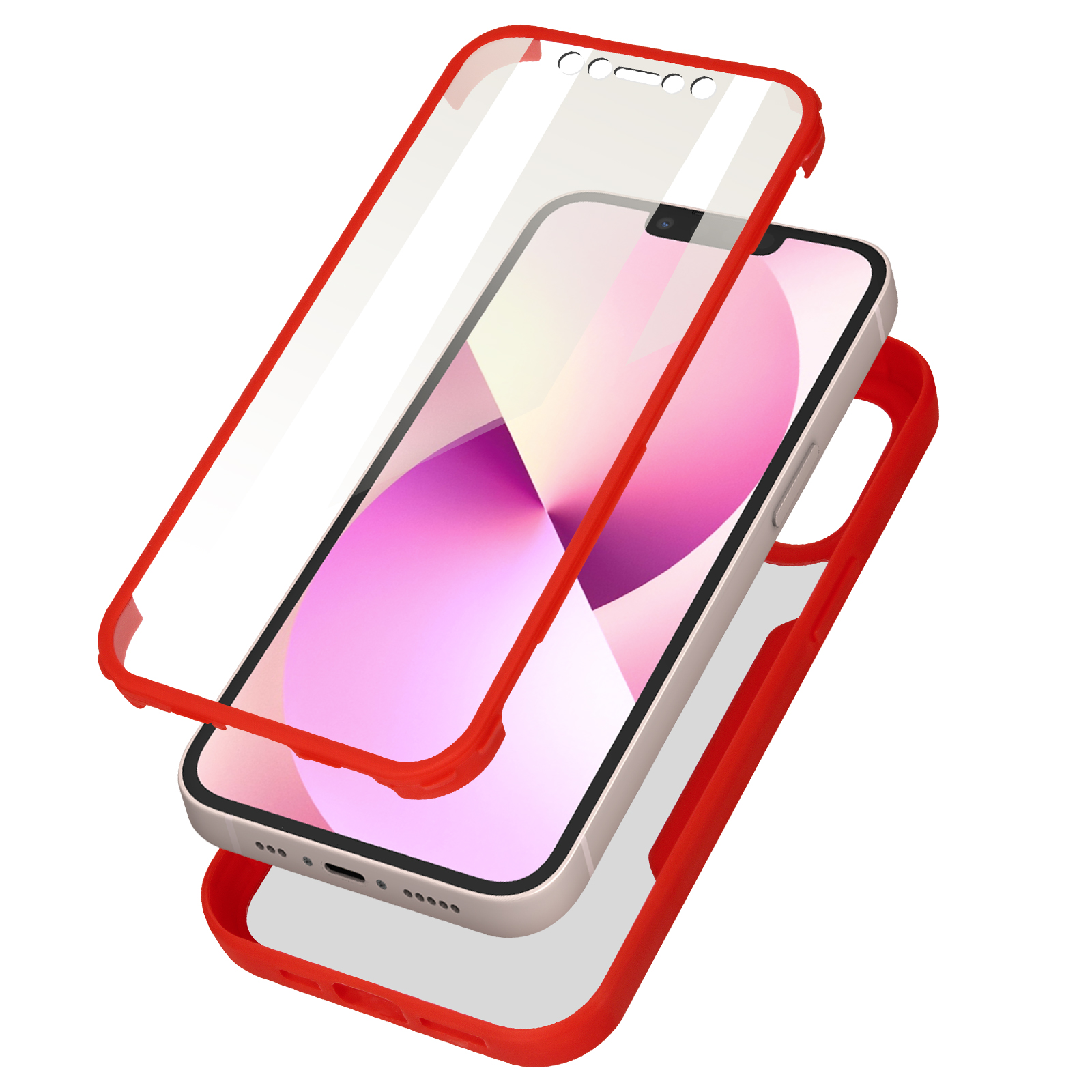 Custodia rossa e protezione schermo. Il telefono è dentro. Sfondo bianco.