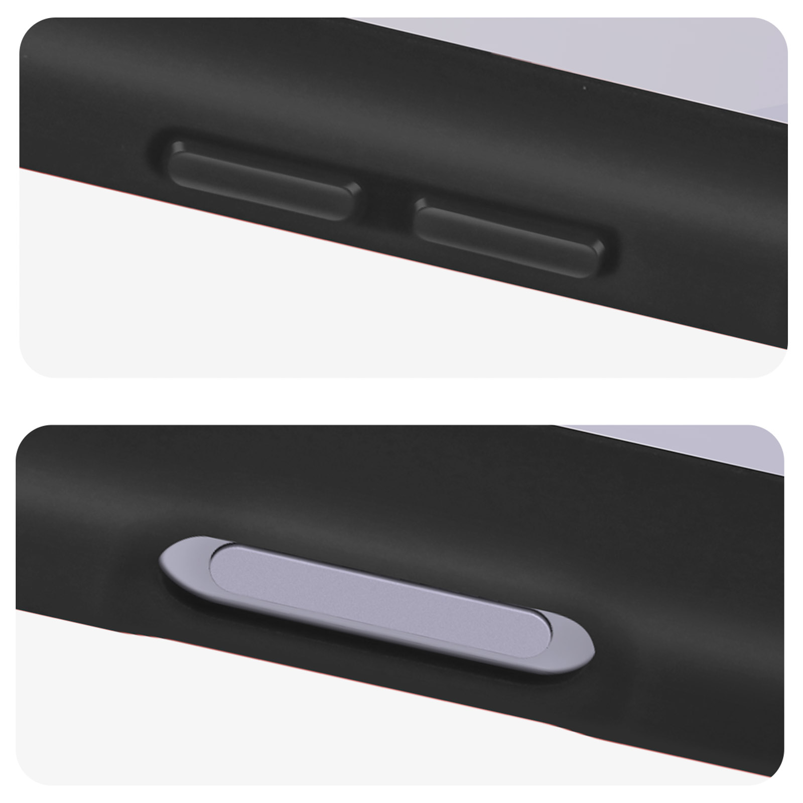 Gros plan sur les boutons latéraux d'une coque de téléphone noire. Boutons volume haut et bas.