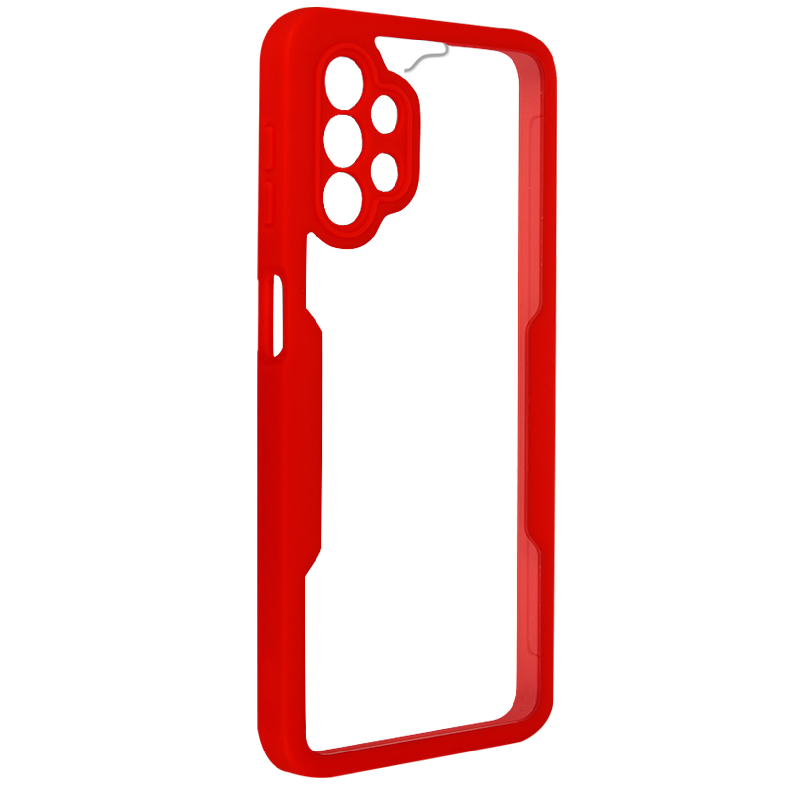 Cornice per custodia del telefono rossa, con retro trasparente, che mostra i ritagli della fotocamera.