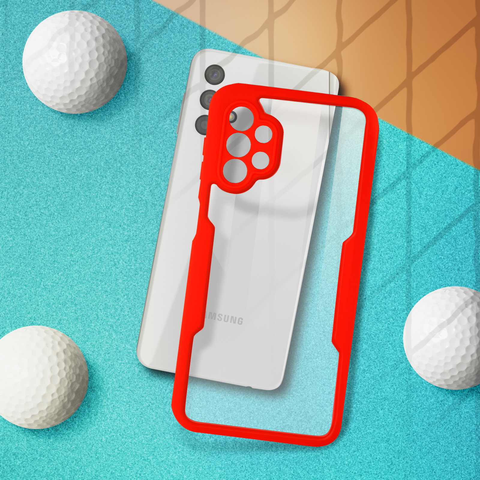Custodia per telefono con telefono all'interno e palline da golf. Cornice rossa. Superficie blu-verde.