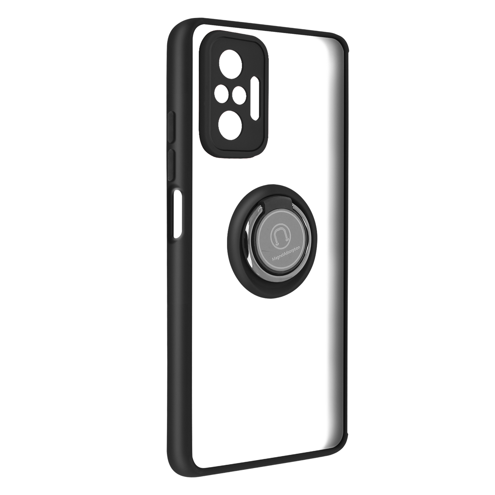 Transparante telefoonhoes met zwart frame, met een ringhouder op de achterkant. De telefoonhoes ligt op een wit oppervlak.