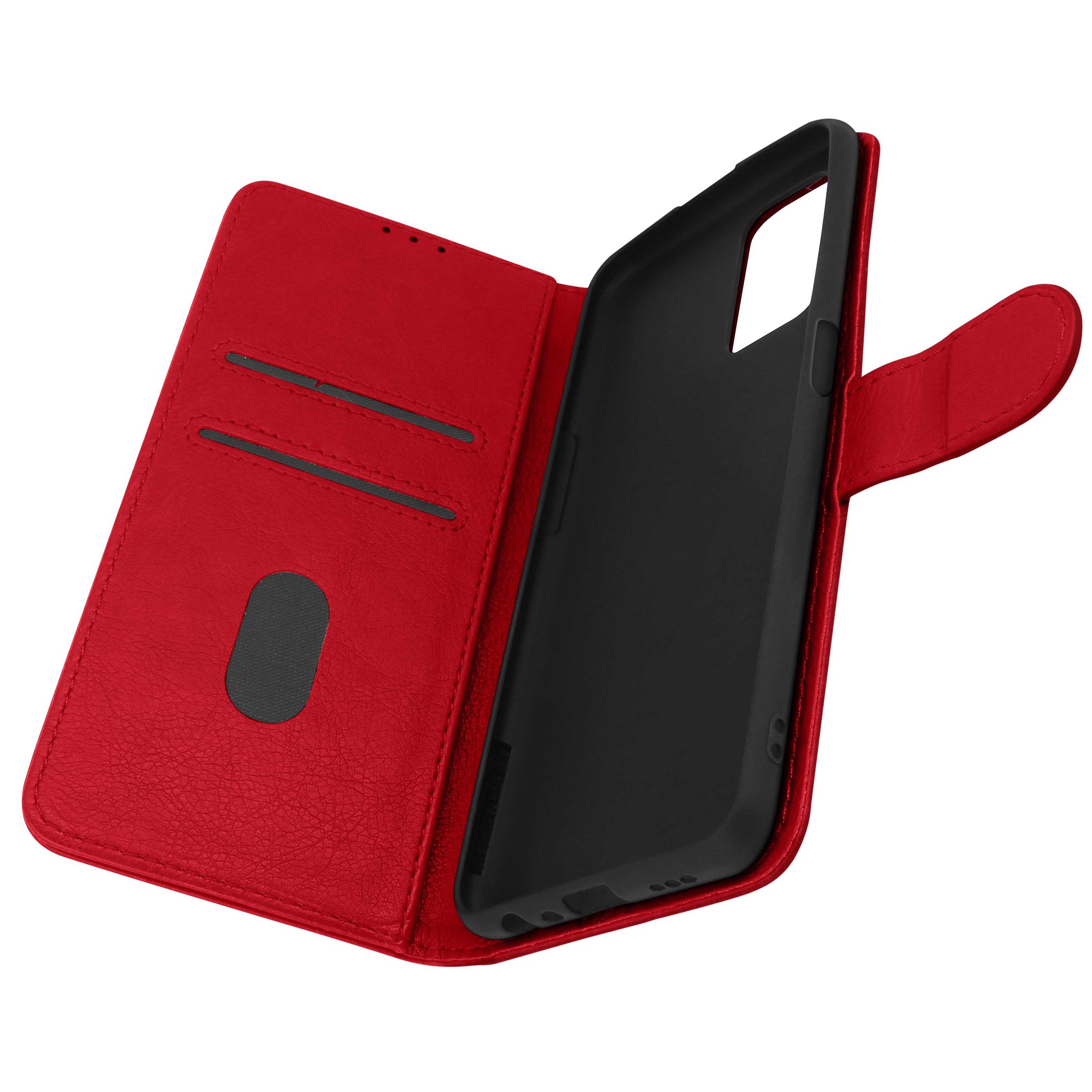 Coque de téléphone rouge, ouverte, avec cartes et téléphone visibles.