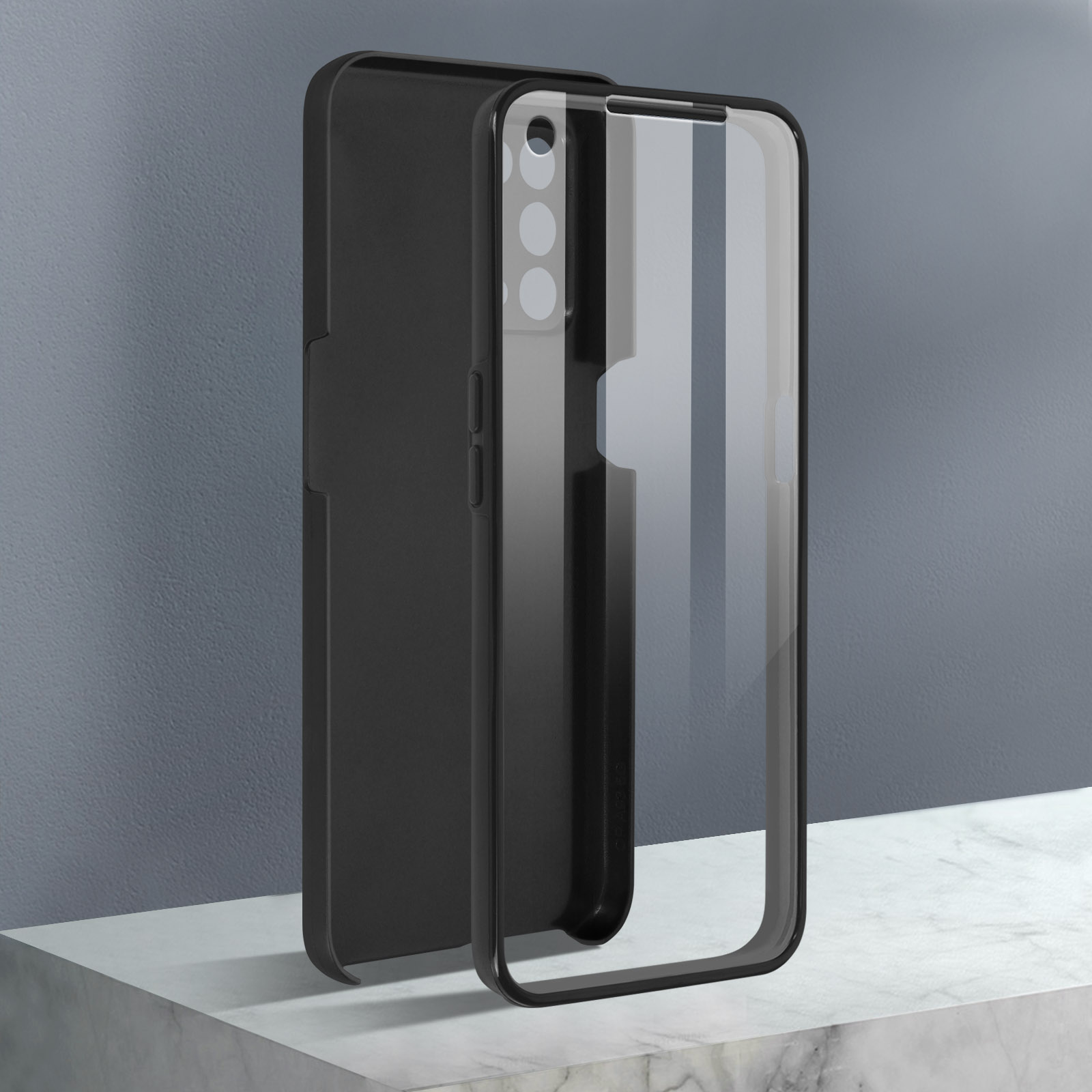 Coque de téléphone noire avec façade protectrice transparente. Fond gris.
