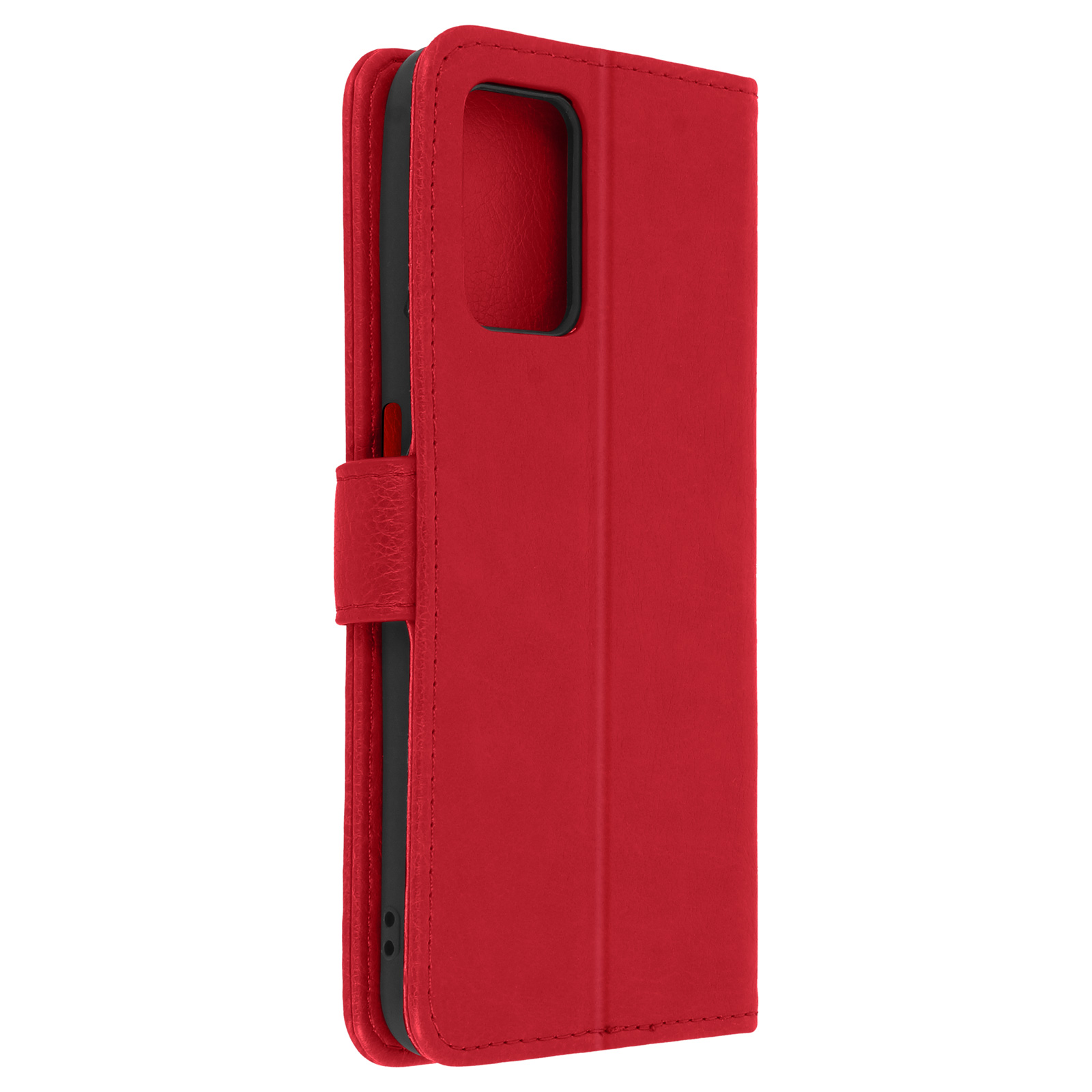 Un étui de téléphone rouge en position fermée. L'étui est sur une surface blanche. L'arrière-plan est flou.