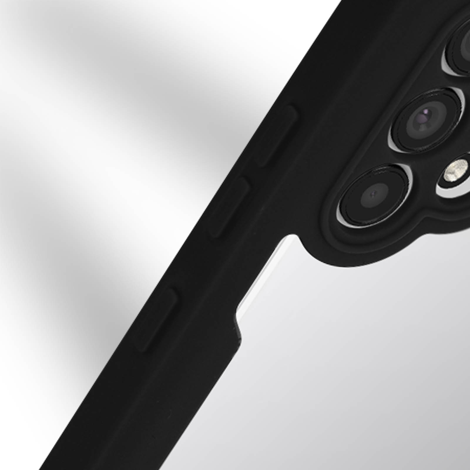 Gros plan sur la zone de l'appareil photo d'une coque de téléphone noire. L'appareil photo possède plusieurs objectifs.