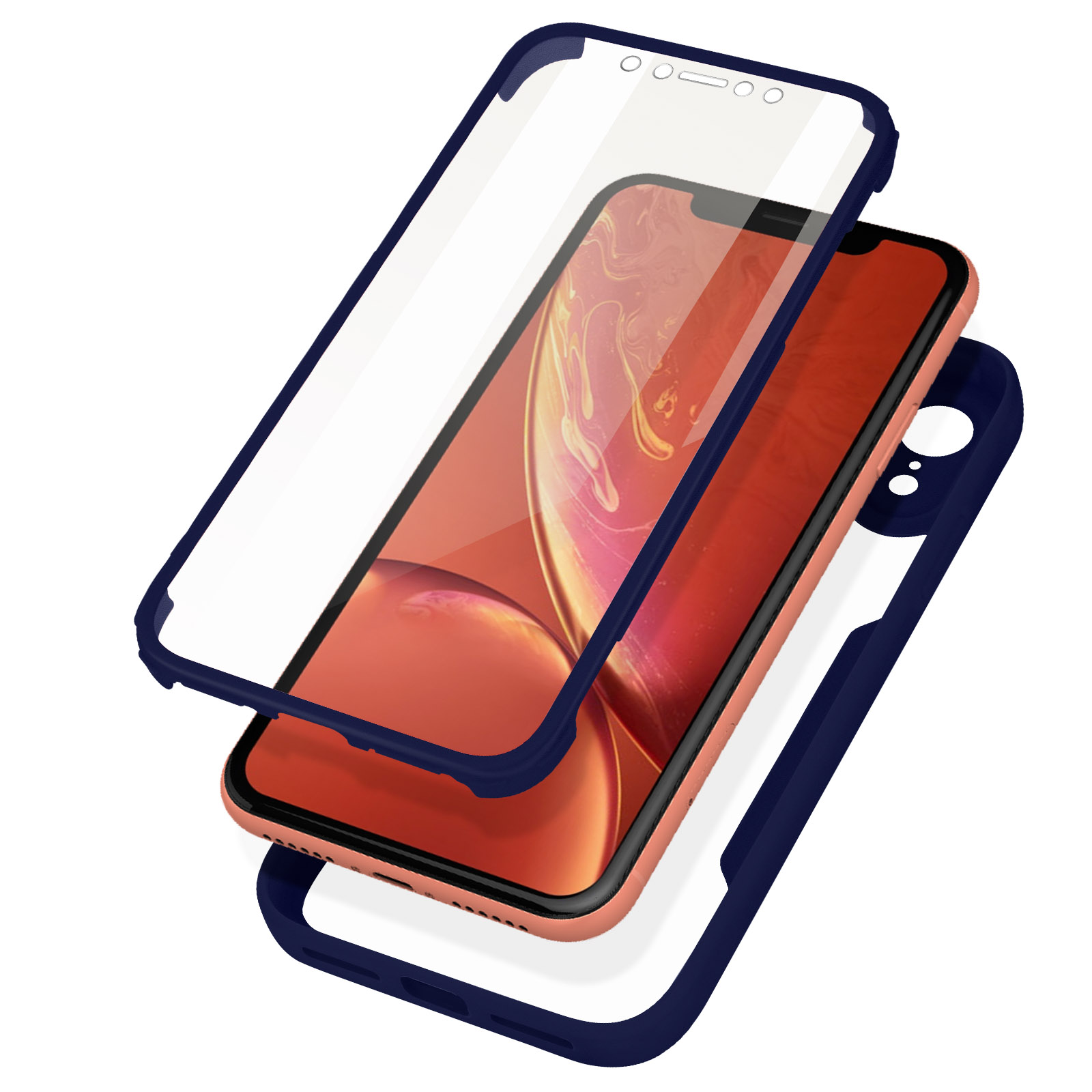Custodia per telefono in tre pezzi. Un telefono è tra una protezione schermo trasparente e una cornice blu.